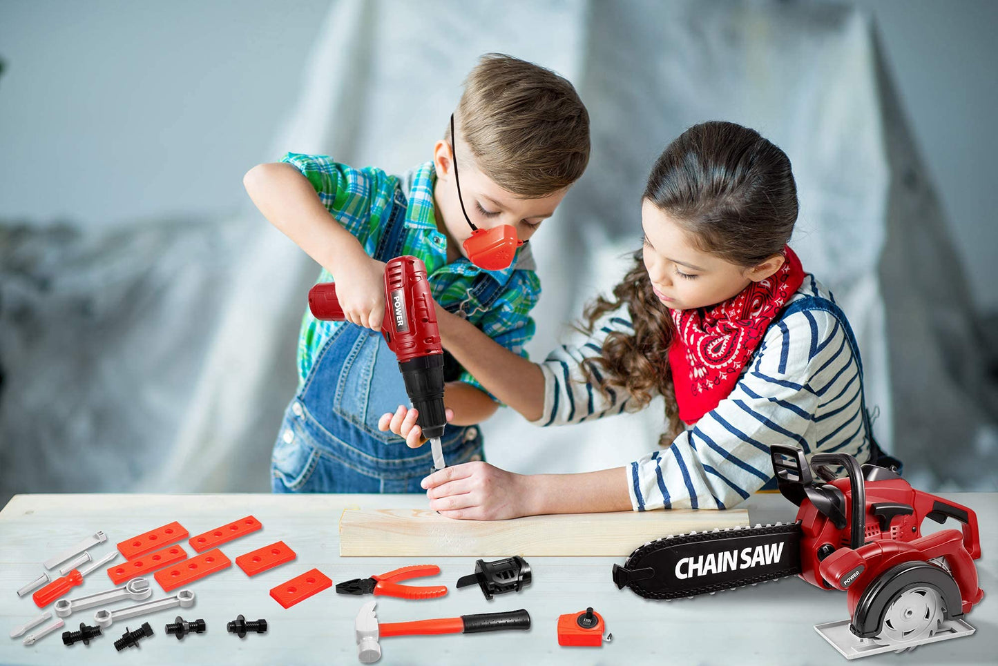Vextronic Kids Tool Set 36 PCS with Toy Chainsaw Electronic Toy Drill with Sound and Light, Pretend Play Kids Tool Box Construction Toy, Great Toy Tool Set for Toddlers Boys Girls Ages 3+