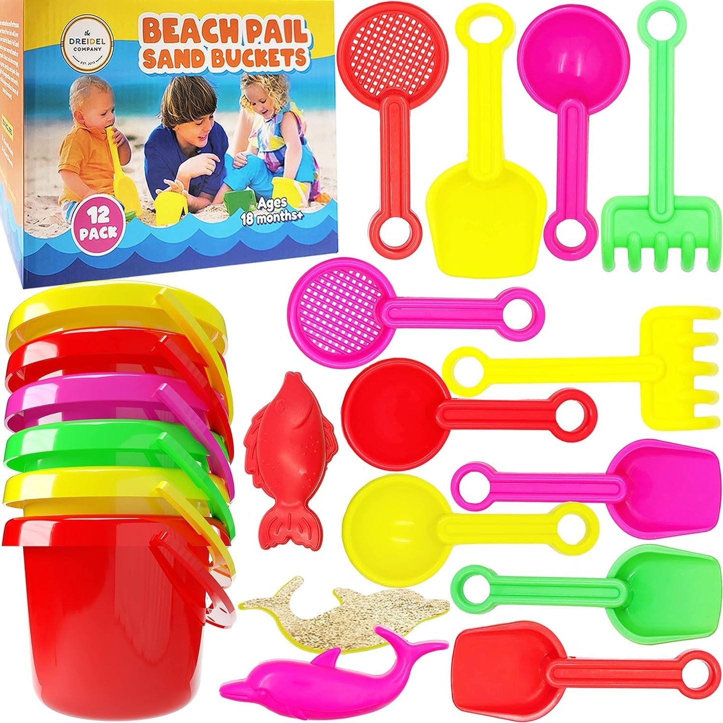 The Dreidel Company Mini Beach Day Playsets, 3.25" Sand Bucket Play Set Box Includes, Pail, Shovel, Rake, Sifter Scoop, Dolphin Fish Sand Trays Toy for Boys and Girls Birthday Party Favor (288-Pack)