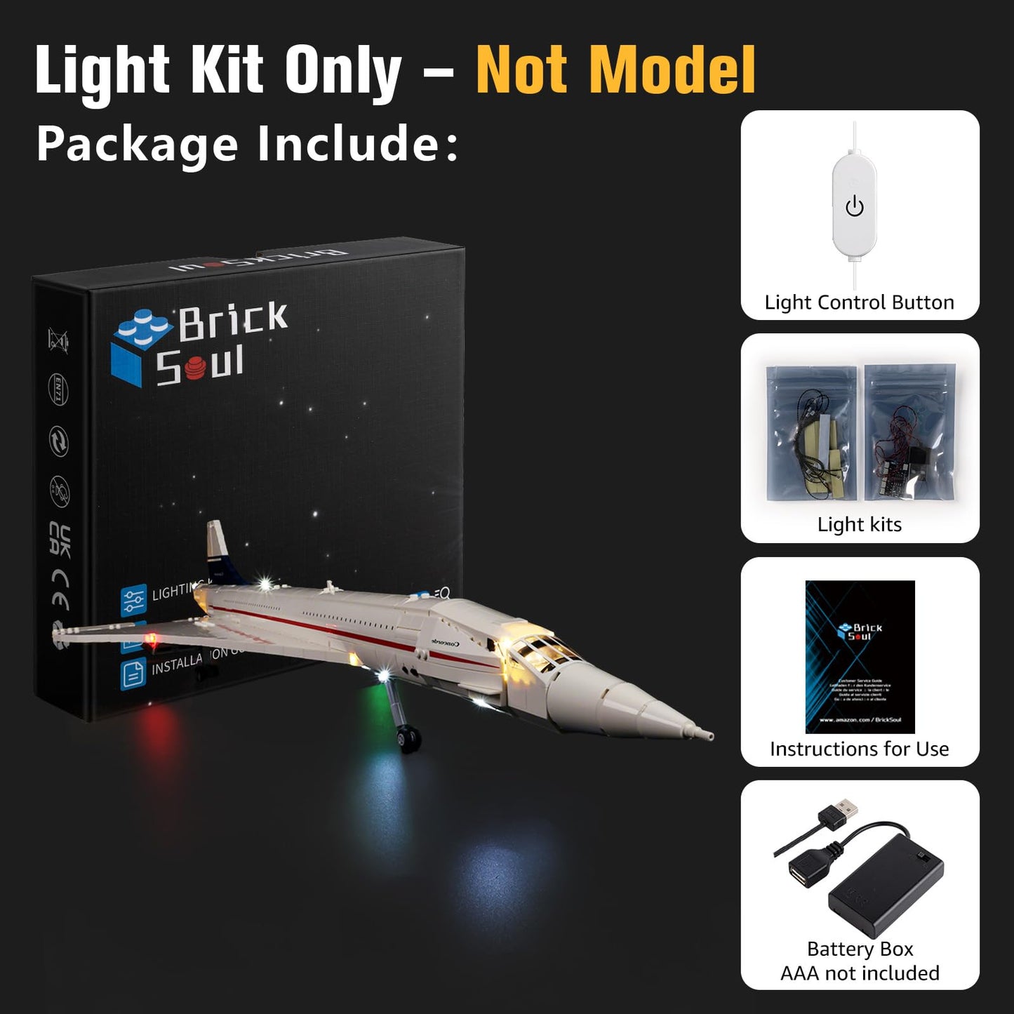 BrickSoul Light Up Kit Compatible with Lego Concorde Model Aircraft 10318 Building Set, Upgrade Wired Dimmable Lighting Accessories for Lego Fans, Not Included 10318 Model