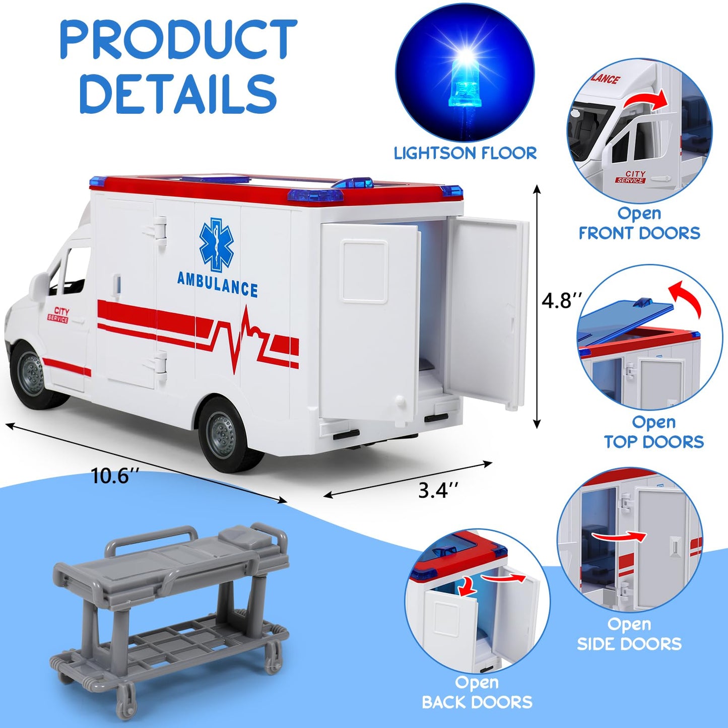 Toy Ambulance Boys Age 3-5 With 4 Different Flashing Lights & Sound, Back And Side Doors Open Friction-Powered Wheels Light Up Toy Hospital Sets Buses Birthday Gift 3 4 Year Old And Up Girl Boy Toys