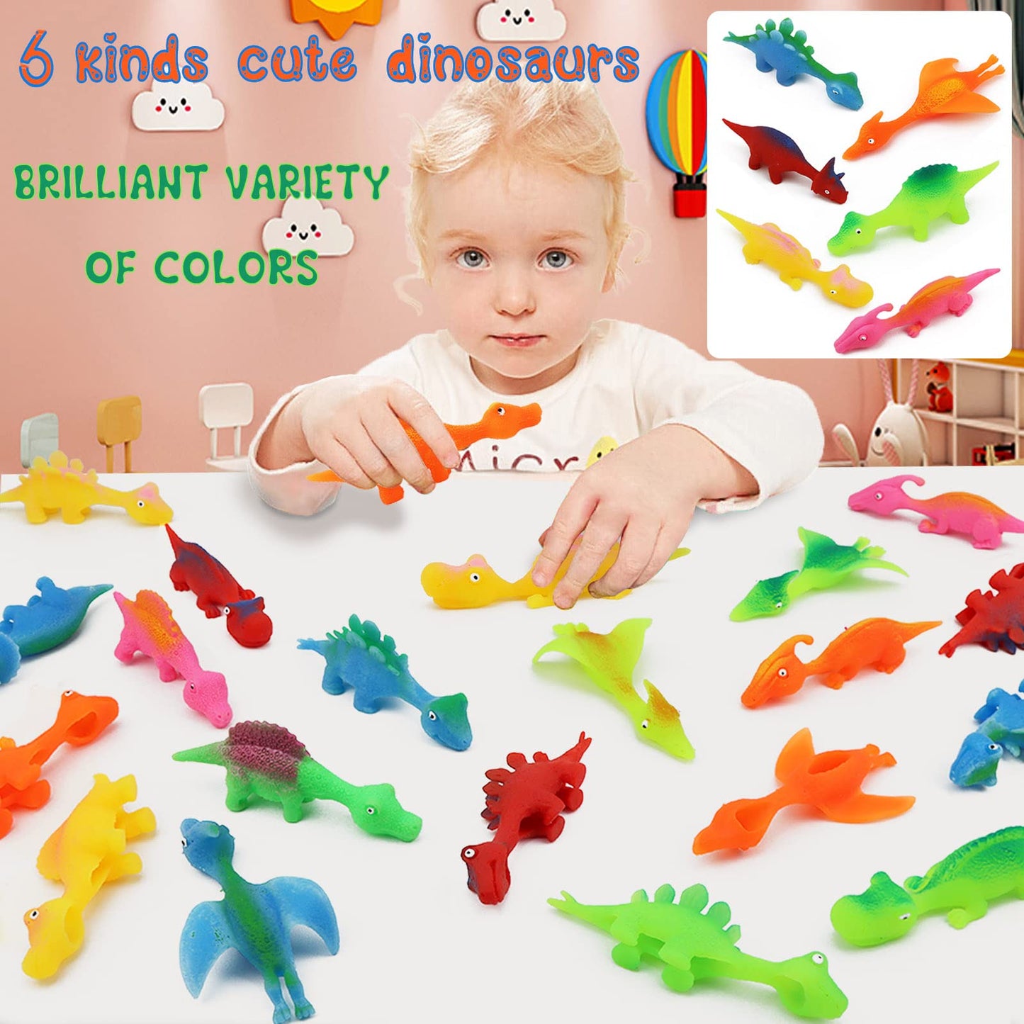 Pushmick 30 Pcs Slingshot Dinosaur Finger Toys, catapult toys as fun as slingshot chicken, cute shapes, more colors, Great for Flying Games and Party Favors.