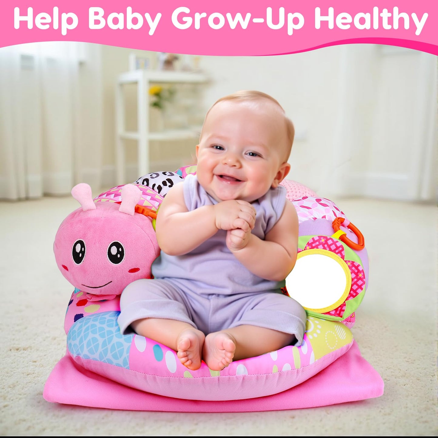 2 in 1 Baby Tummy Time Mat & Support Seated Pillow Infant Newborn Toys 0 1 2 3 4 5 6 Months Pink Caterpillar Sensory Developmental Playmat 0-6 3-6 12 Month Mirror Babies Girls Shower Easter Gifts