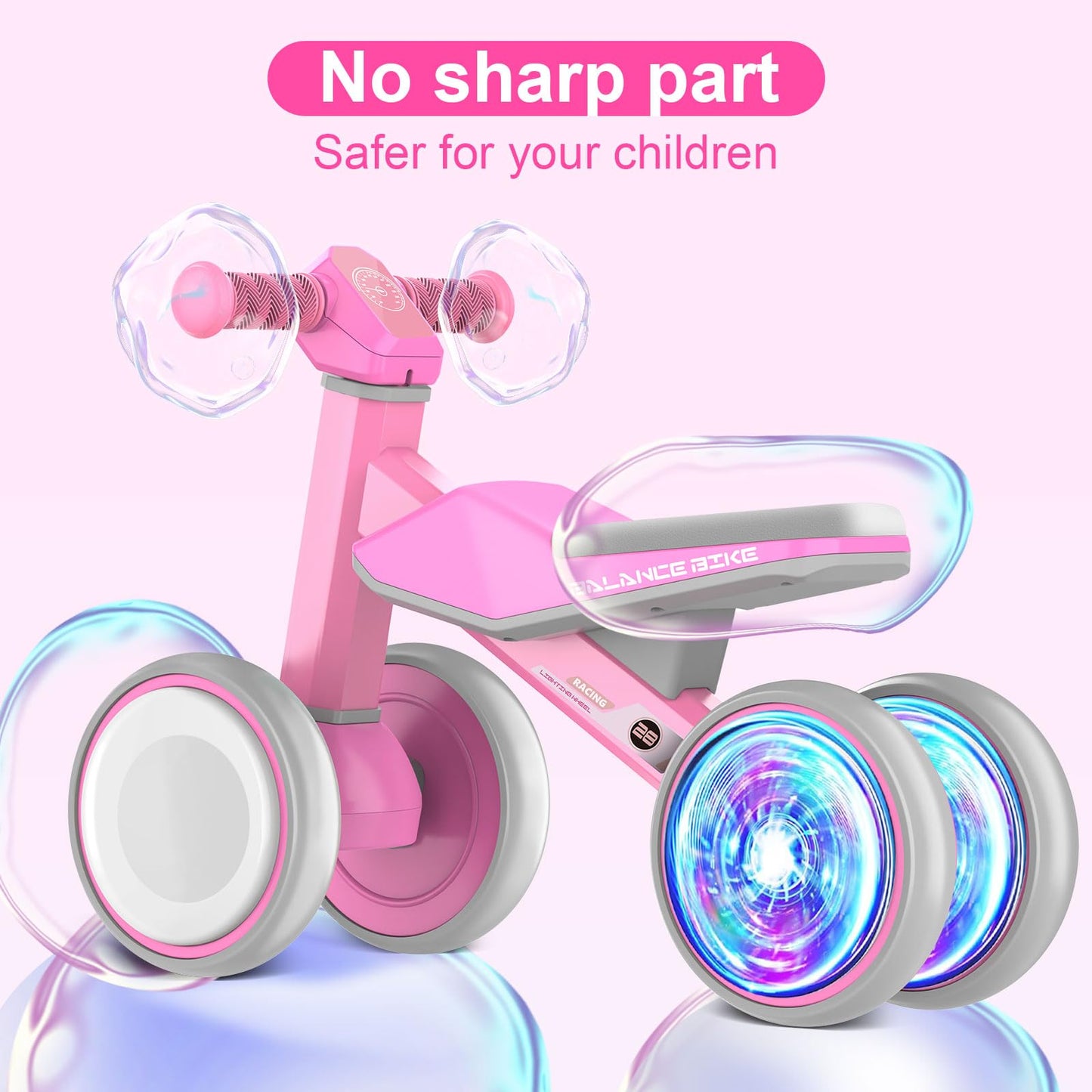 ESPRAY Colorful Lighting Baby Balance Bike Toys for 1 Year Old Girls Gifts, Toddler First Bike 12-24 Months with Adjustable Soft Seat, 4 Silent Wheels Ride on Toy, Perfect First Birthday Gift