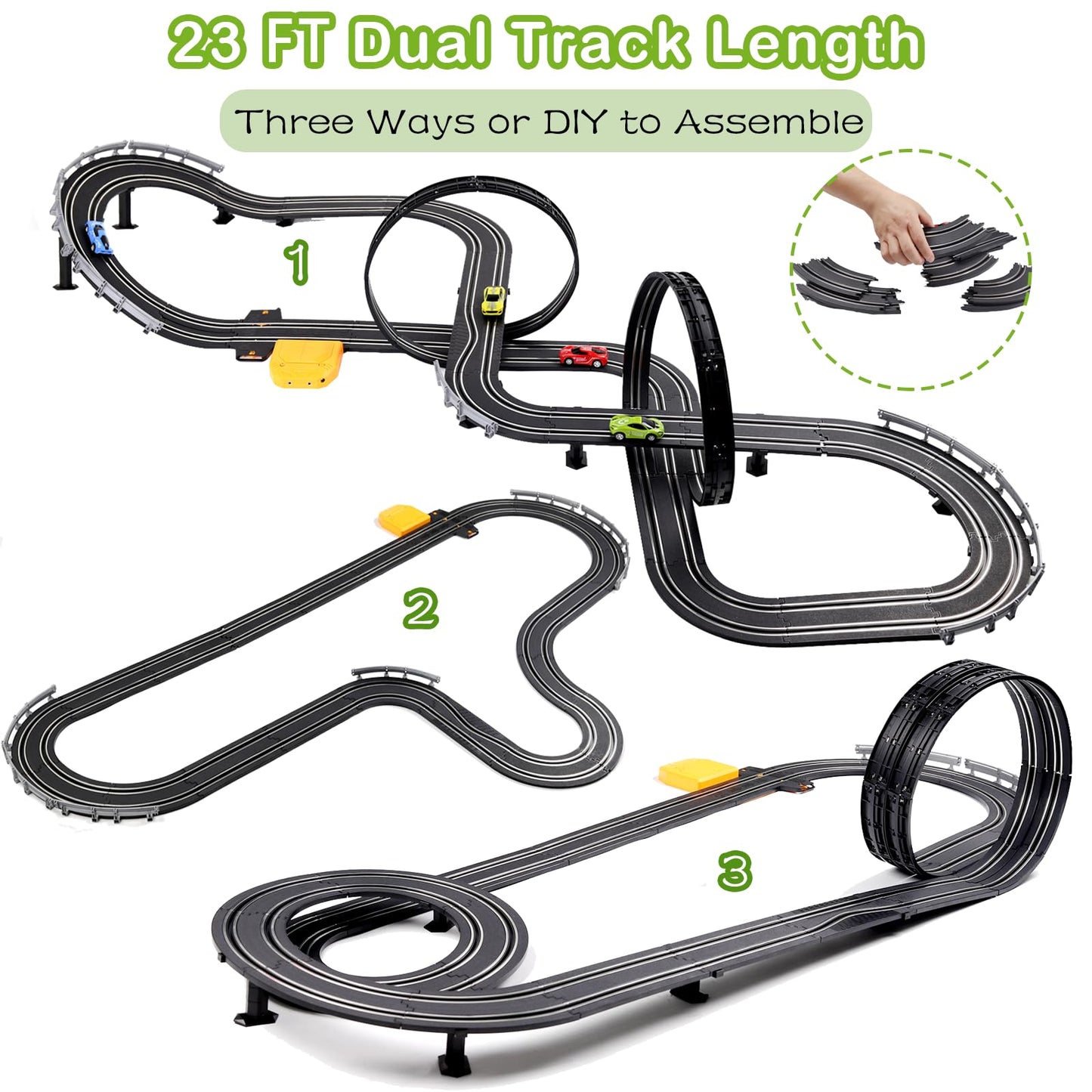 Slot Car Race Track Sets, 23ft Battery Powered or Electric Track with 4 Slot Cars, Dual Racing Game Lap Counters, Race Track Set Features a Loop, Turns, Straightaways and a Crossover for Boys Age 6-12