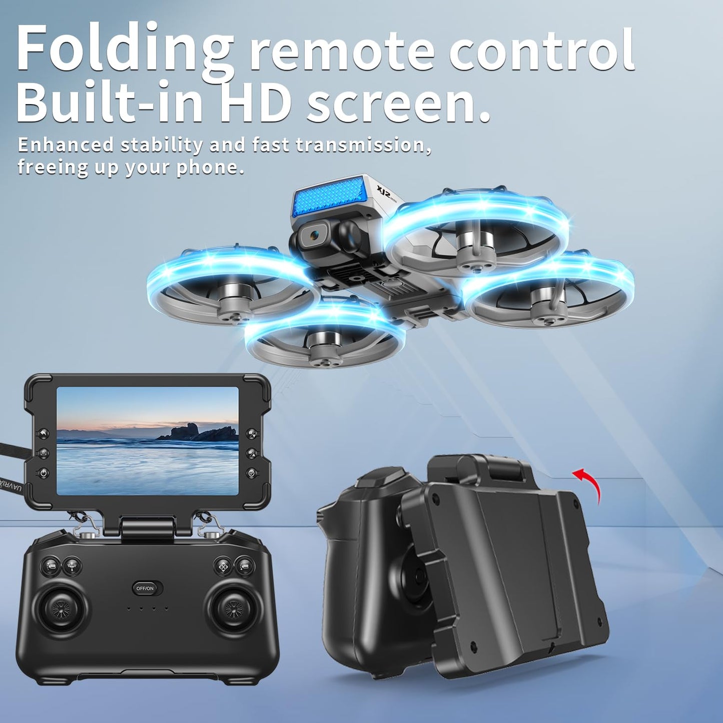 UAVRIAO Foldable RC Drone with 1K HD Camera, Upgraded Foldable Remote with Detachable Lanyard, 2 Batteries & Carry Case - Safe Propeller Guard, 3D Flips, One-Key Takeoff/Landing, Ideal Gift for Beginners and Adults