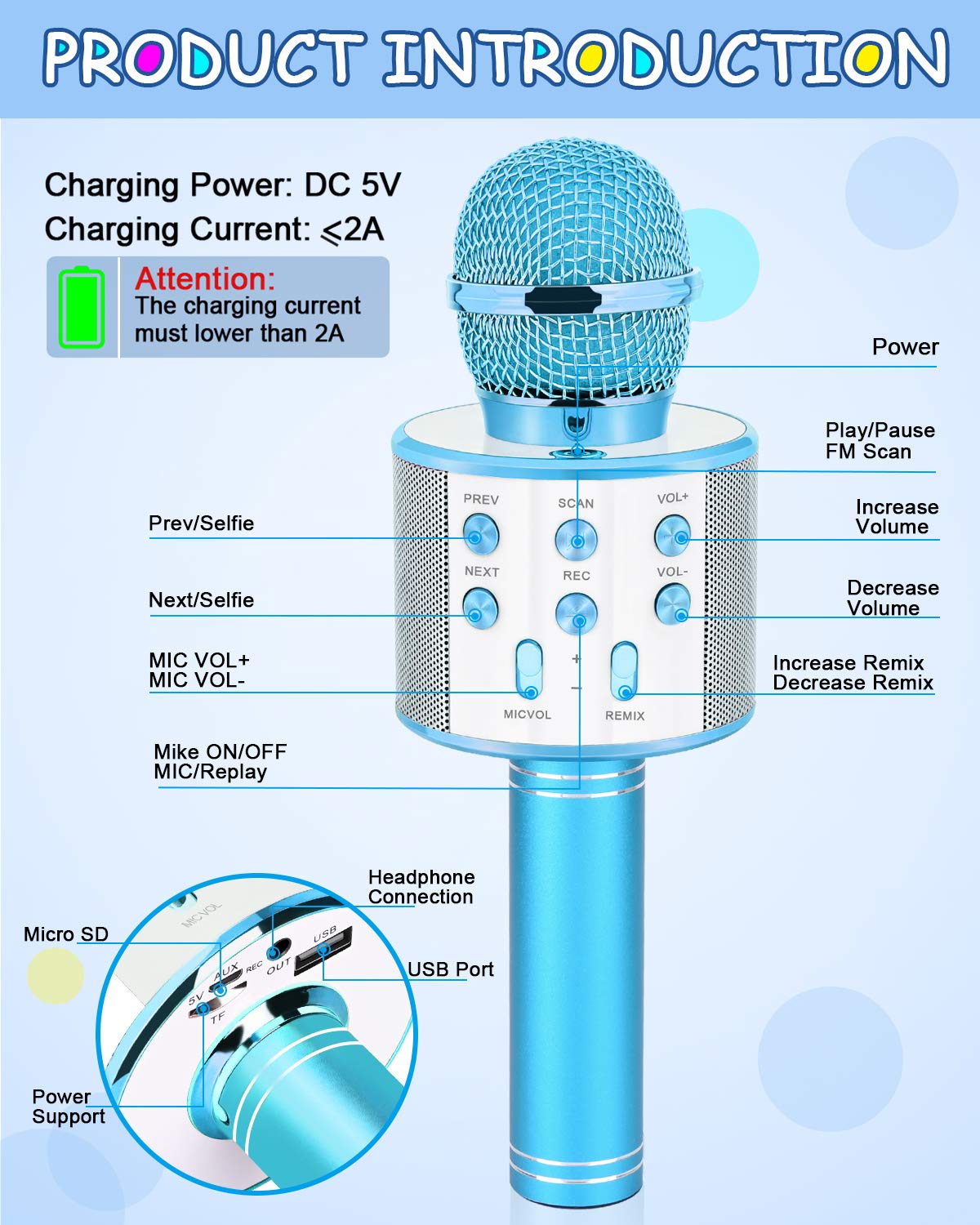 Dodosky Kids Toys Age 5 6 7 8 9 10, Karaoke Microphone for Kids Popular Toys for Girl Boy Age 5-12 Birthday Gifts for Teen Girls Boys Age 5-12 Party Gift for Girl Boy Age 4-12 - Blue