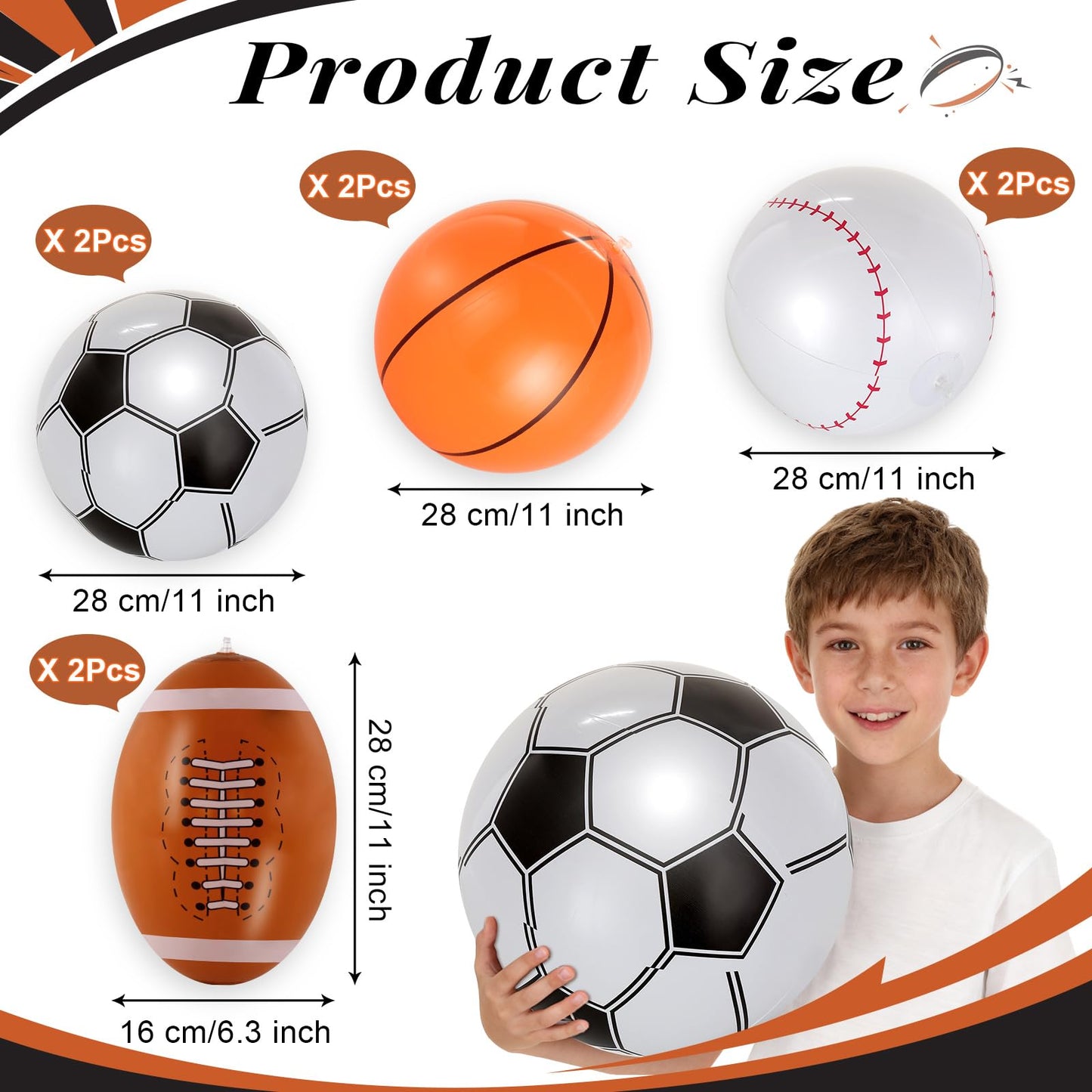 YOTHORN 8 Pcs Giant Inflatable Sports Balls,16 Inch Blow Up Footballs Soccer Basketball Baseball,Summer Pool Beach Balls for Sport Game Party Supplies,Indoor and Outdoor Use