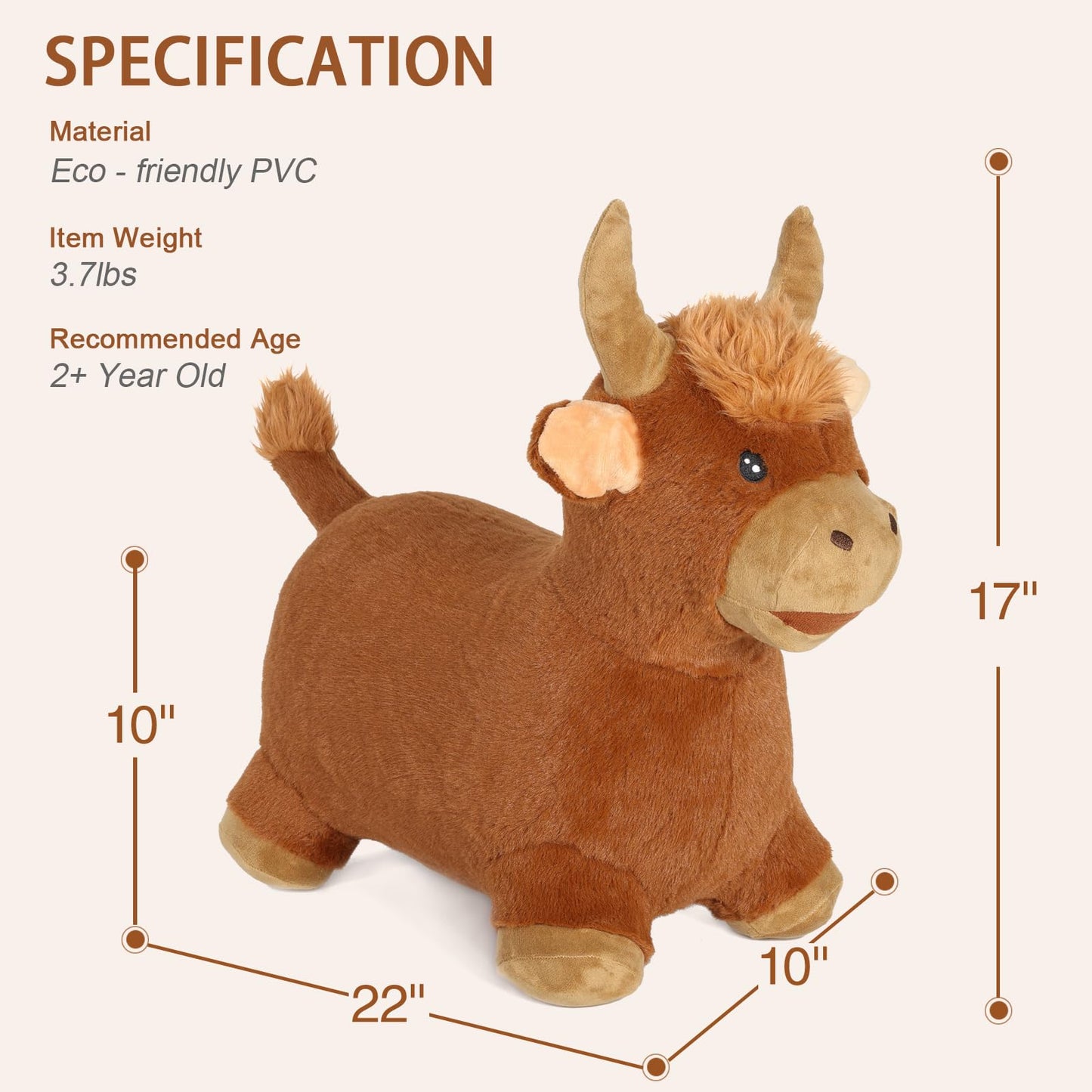 INPANY Bouncy Bull Hopping Toys - Toddler Brown Plush Cow Hopper, Kids Inflatable Farm Animal Hopper Horse, Outdoor Indoor Ride on Rubber Bouncer, Toys for 2 3 4 Year Old Boy Girl Birthday Gifts