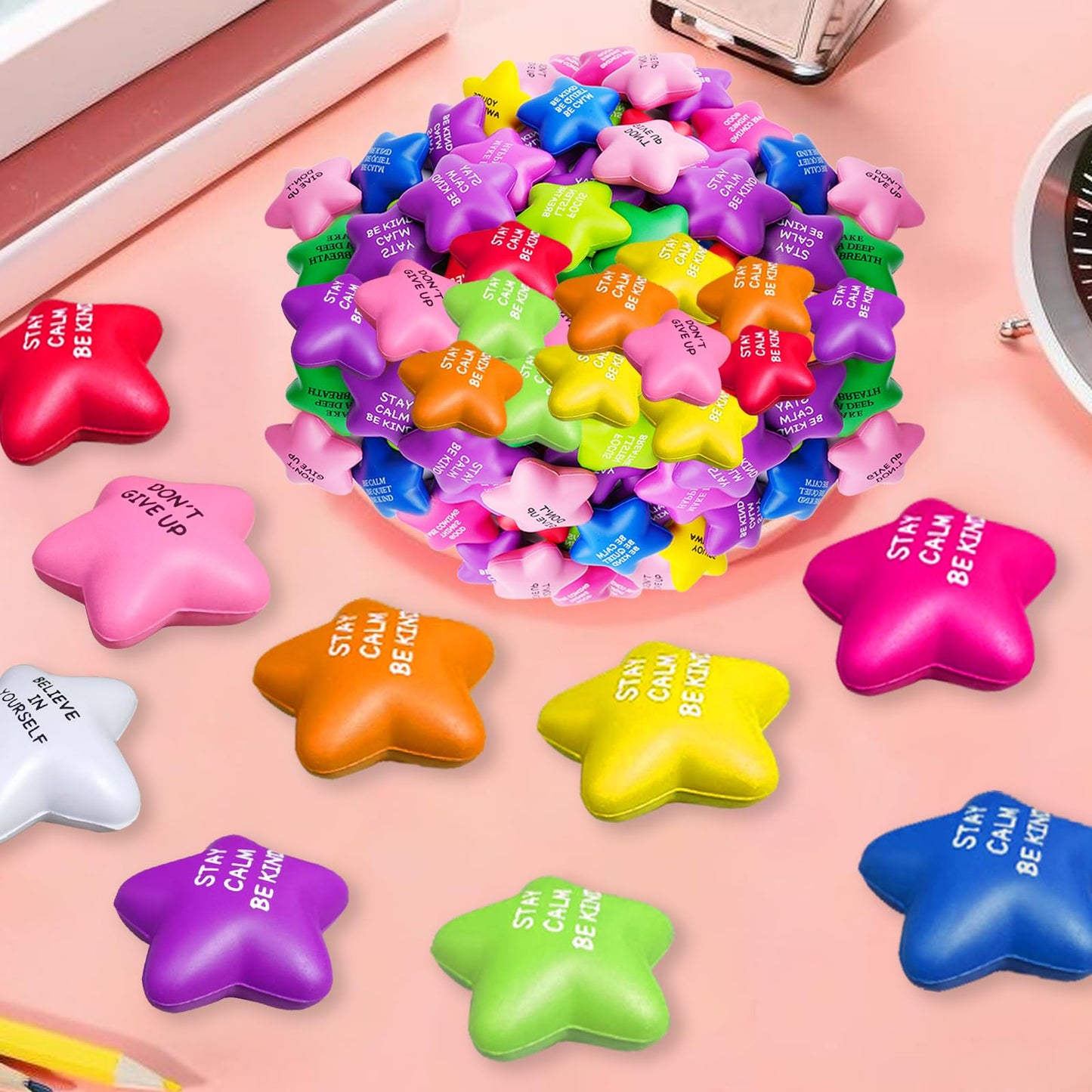 SHQDD 100PCS Bulk Star Stress Balls for Adults & Kids - Motivational Quotes Soft Foam Stress Relief Squeeze Toys, Fidget Anxiety & Anger Relief at Work/School/Home, Perfect Party Favors (Multi-Color)