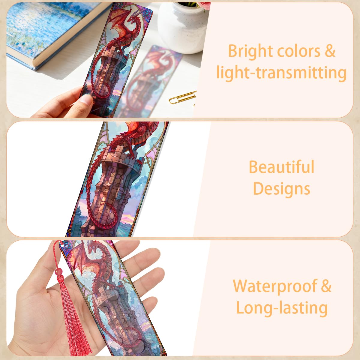 Zaamwoyy 4 Pcs Stained Glass Dragon Bookmarks Gifts for Women Men, Transparent PVC Bookmark with Tassels, Cool Book Lovers Accessories, Unique Reading Book Marks for Bookish Office School