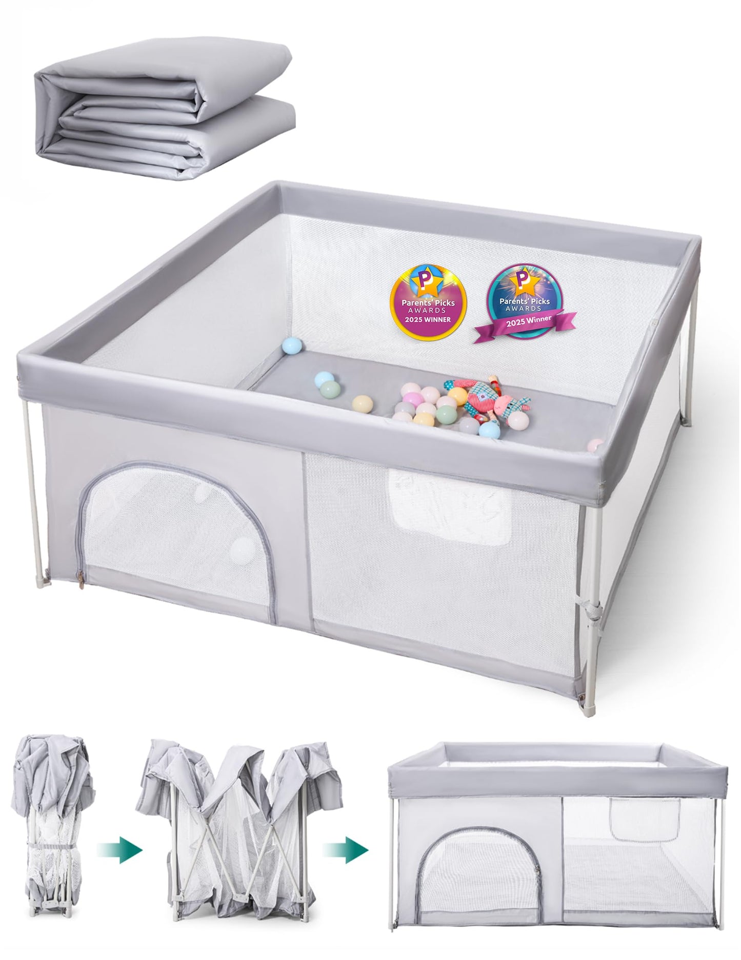 Babelio Foldable Baby Playpen with Mat, 46" × 46" Portable Playard for Babies and Toddlers, Parents' Picks Awards Winner, Indoor & Outdoor Kids Safety Play Pen Area, Travel Fence, Grey