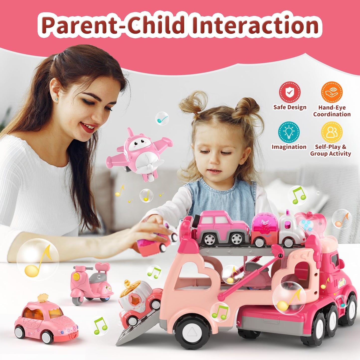 Toddler Girl Truck Toys for 2 3 Year Old Girl Birthday Gifts, 7-in-1 Pink Princess Car Transport Carrier Trucks for Toddlers 2-4, Friction Power Toy Cars with Lights & Music, My daughter First Gift