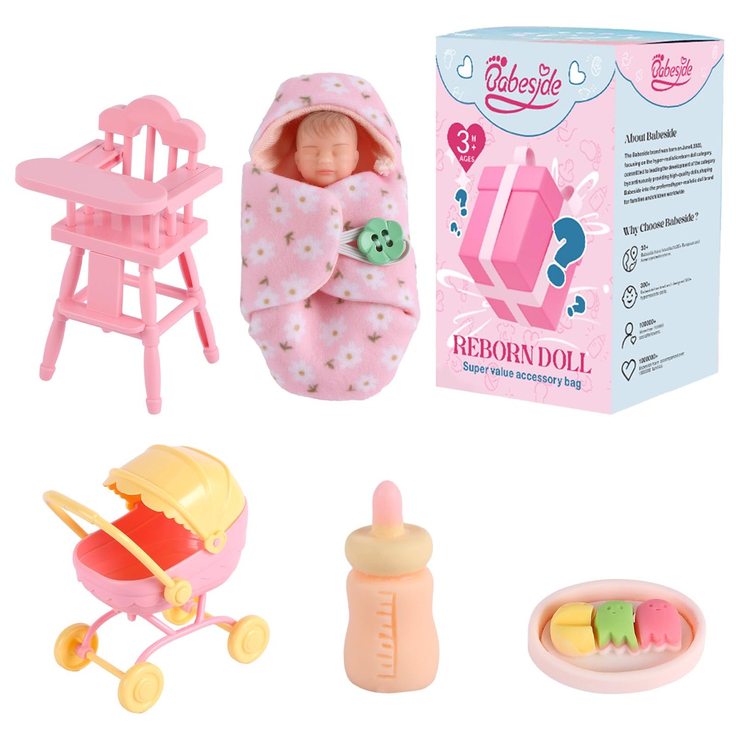 BABESIDE Mini Full Silicone Baby Doll Set – 4.5 Inch Realistic Sleeping Newborn Doll with Feeding Bottle, Stroller, High Chair & Gift Box, Soft Silicone Mini Reborn Baby Toy for Kids Age 3+