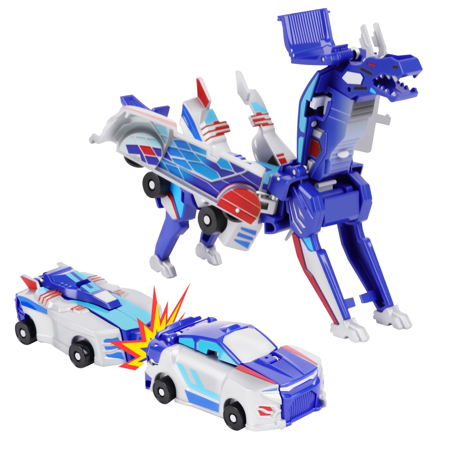 Dahom Collision Transforming Dinosaur Car Toy, 2 Magnetic Cars Transform into Dinosaur Toys for Kids, Boys, Girl, Toddler Fun Deformation Robot Unicorn Car Christmas Birthday Gift Toys (Blue-Dinosaur)