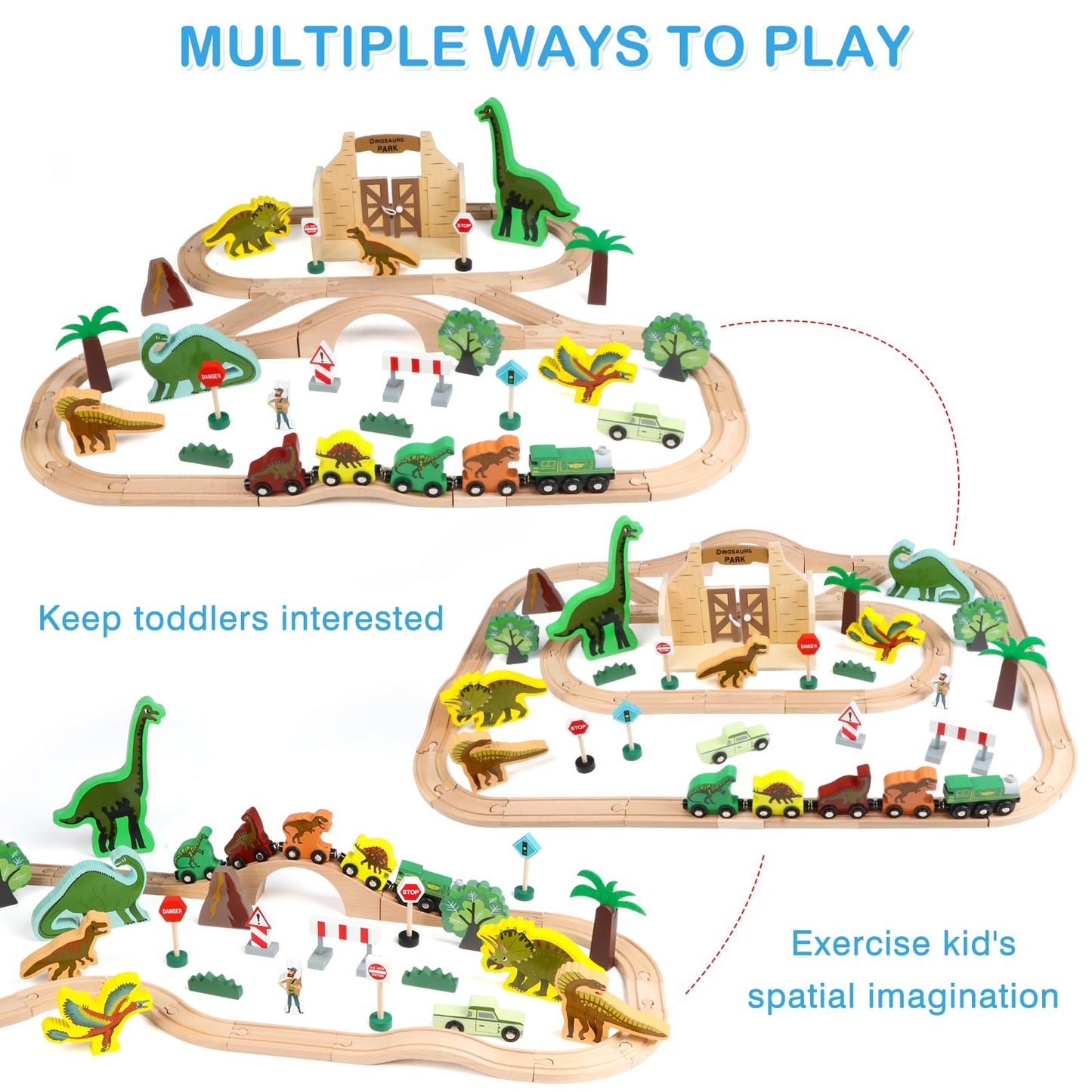Canuan Wooden Train Set, Dinosaur Toys for Kids 3-5, Compatible with Major Brands, STEM Railway Playset, Ideal Wooden Train Track Set for 3 4 5 6 7 8 Year Old Kids Boy Girl