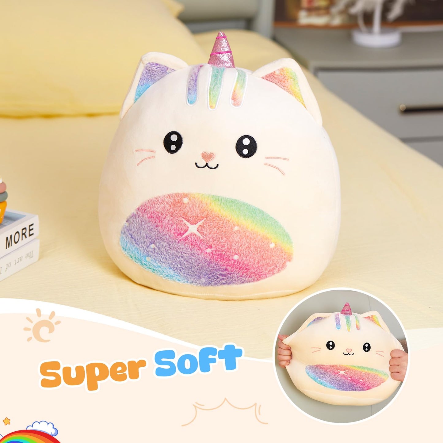 Athionsu 14-Inch Unicorn Cat Plush Pillow Soft and Cuddly Stuffed Animal Toy for Toddler Girls and Boys, Cute Rainbow Belly Plush Gift (CAT)