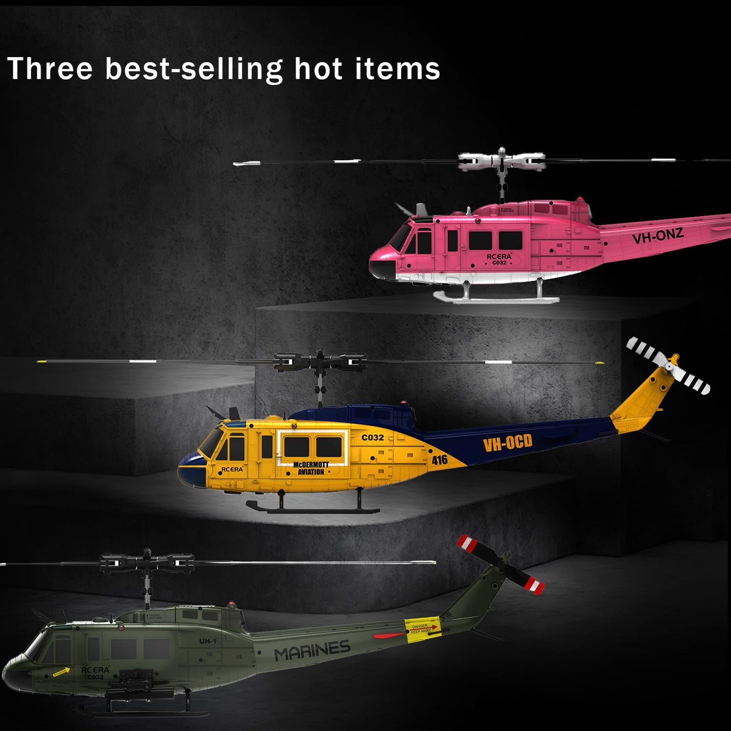 NBJIALIN RC ERA C032 UH-1 Huey Helicopter - Remote Control Helicopters for Adult, 1/48 Sacle 2.4G 6CH Gyro Stabilized Aircraft with Altitude Hold & Optical Flow,3D Stunt Drone (Yellow)