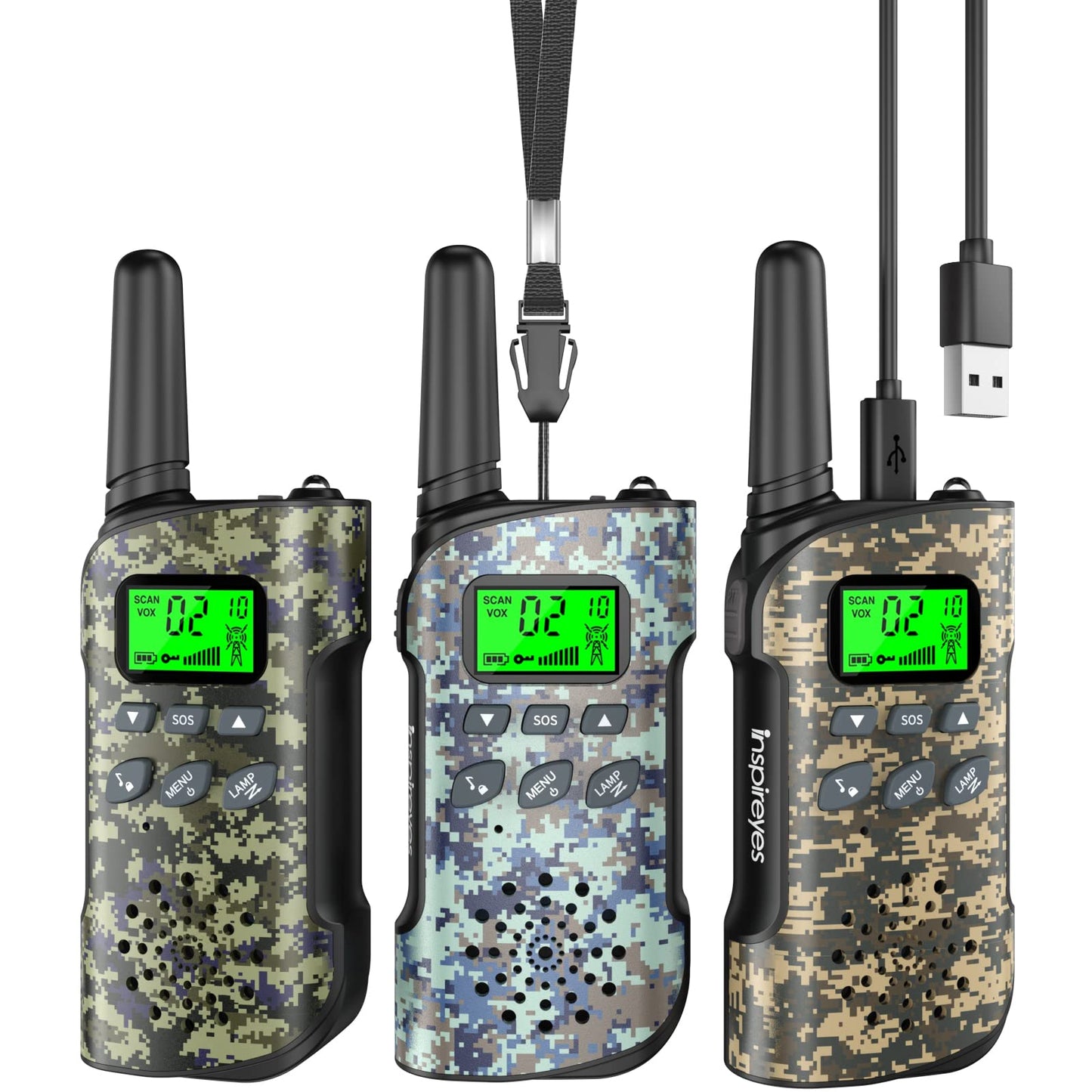 Inspireyes Walkie Talkies for Kids, Rechargeable Long Range 3 Pack, Camouflage Kids Toys for Boys Girls Ages 3-12, 2 Way Radio Toy, Outdoor Adventure Toys, Camping Hiking Gear, Birthday Gifts for Kids