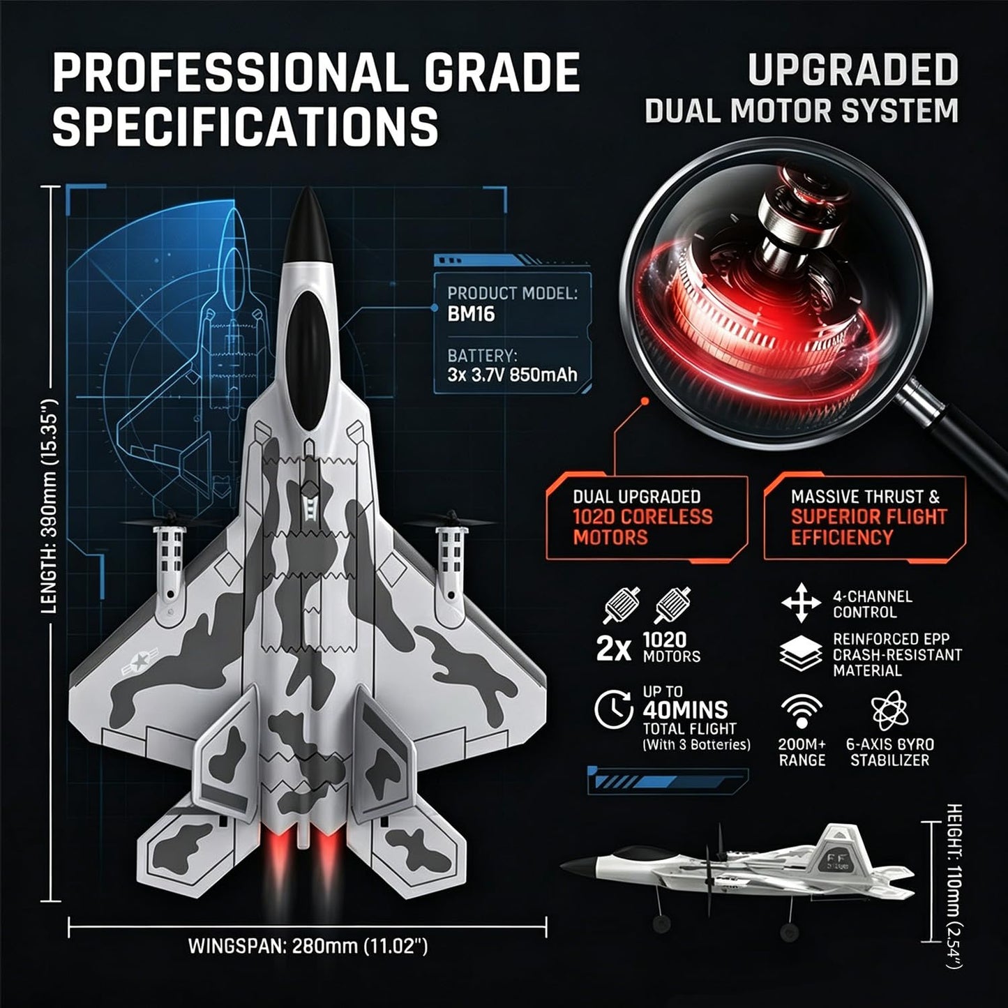 RCkuler 4-CH F-22 Raptor RC Plane with light, RTF Remote Control Airplane with 6-Axis Gyro Stabilizer,Aerobatic & Vertical Flight Mode, Upgraded Dual Motors, Professional RC Jet for Adults,3 Batteries