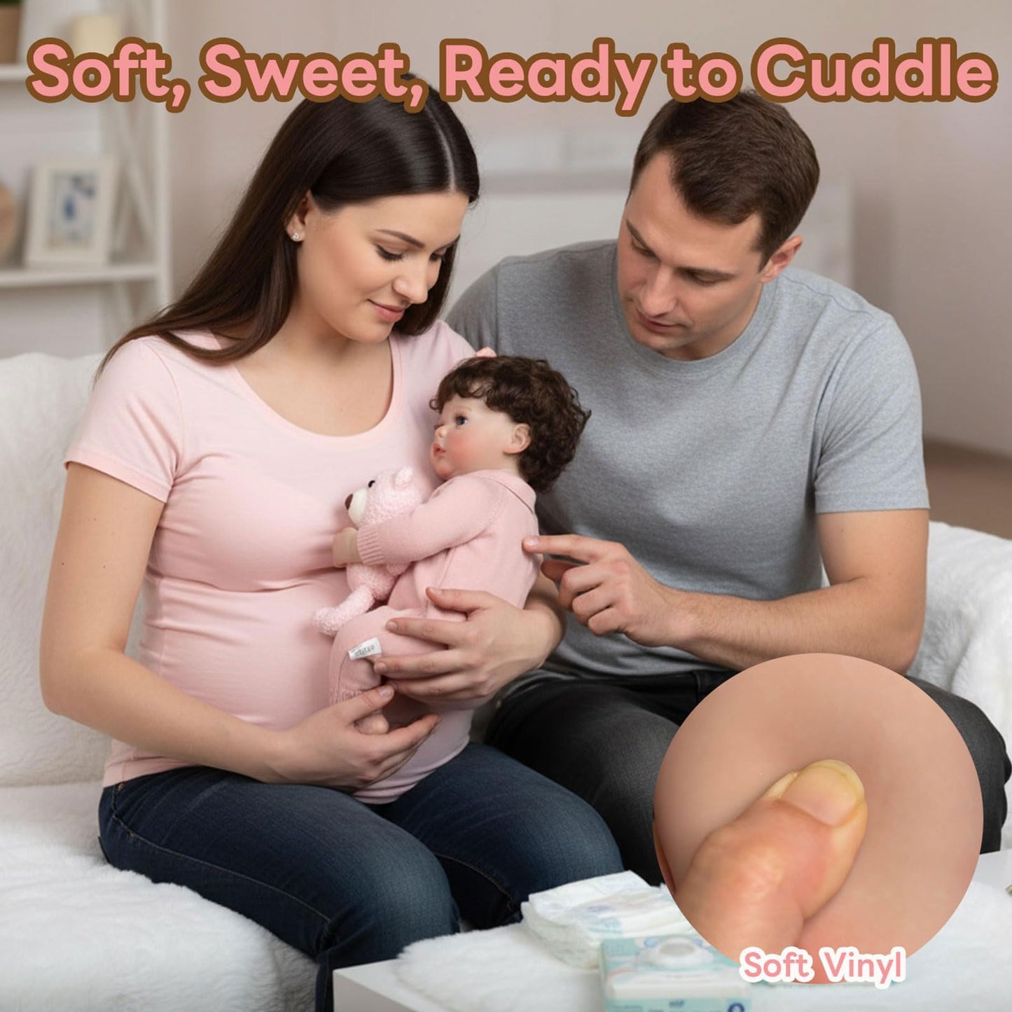 Tookyhill 16 Inch Lifelike Reborn Baby Doll, Full Vinyl Body, Poseable Limbs, Pink Knit Outfit & Plush Bear Toy, Realistic Newborn Doll Gift for Toddler Girls Age 3+ (Pink Bear)