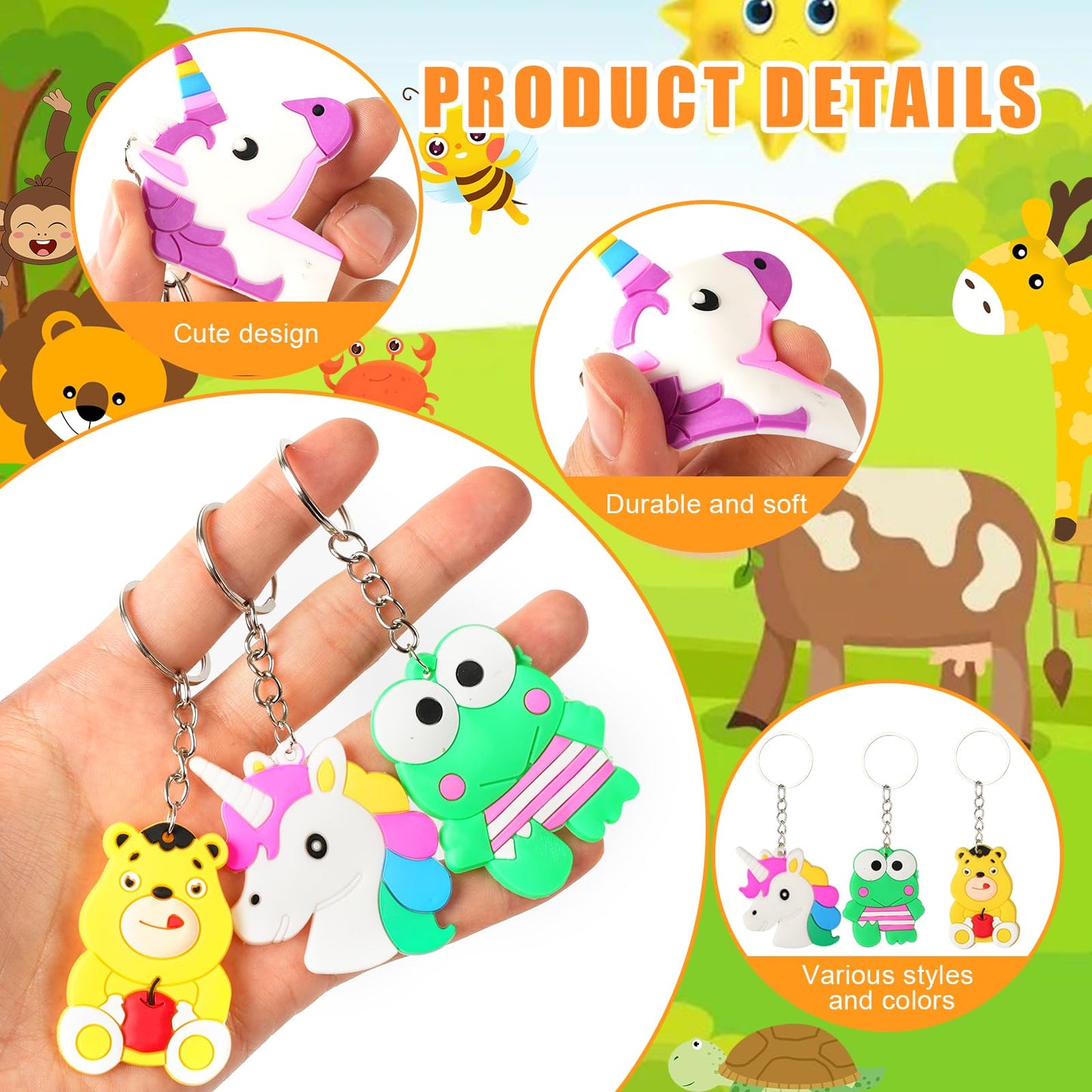 DIZRNOI 50 PCS Large Keychains Bulk Cute Key Chain for Classroom Prizes Rewards Students Incentives Birthday Holiday Gifts Party Favors Keyrings for Kids