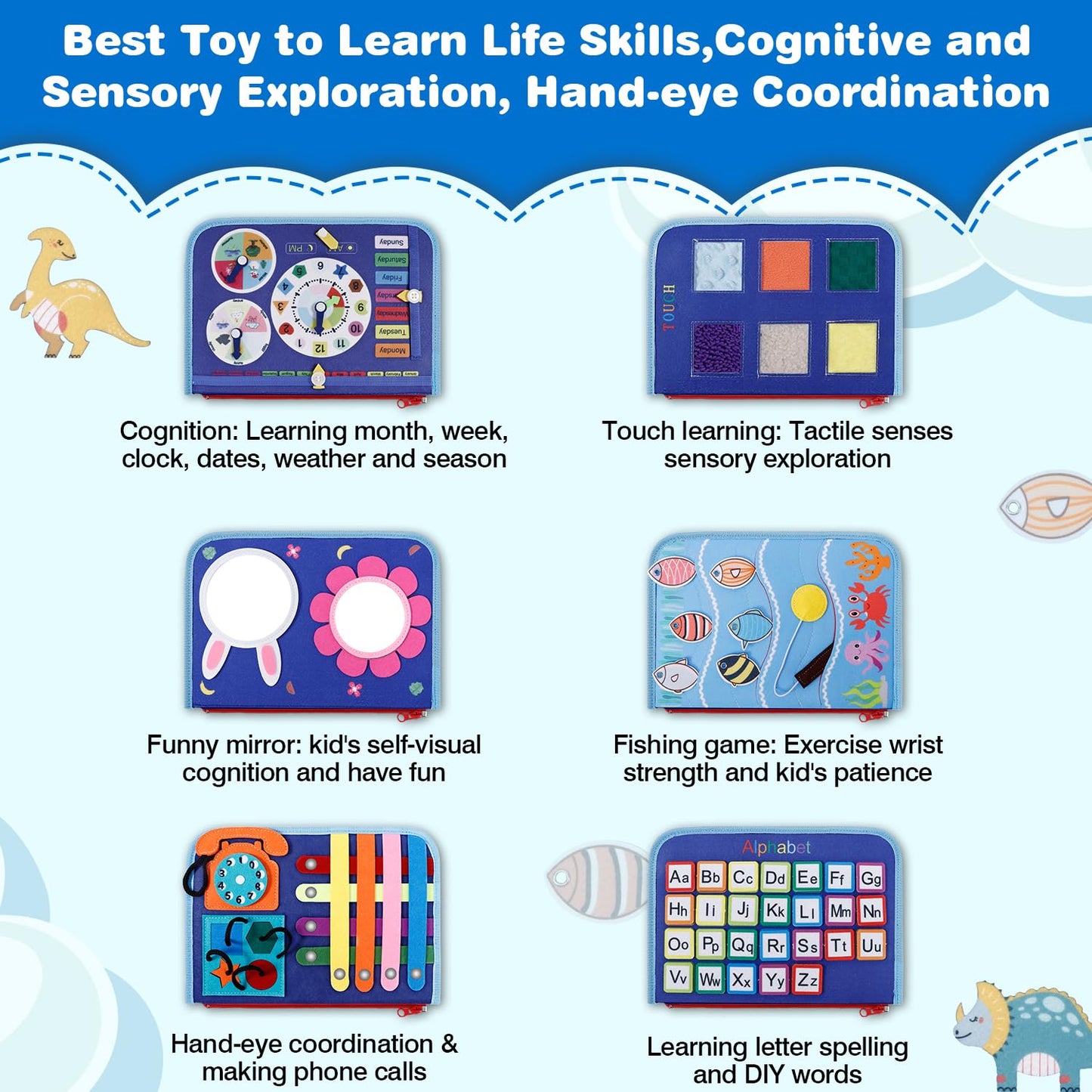 JHkim Busy Board Montessori Toys for 1 2 3 4 Year Old Boys Girls Gifts, Sensory Toy for Toddlers 1-3, Educational Activities Travel Toy for Airplane Car, Busy Book for Learning Fine Motor Skills,Blue