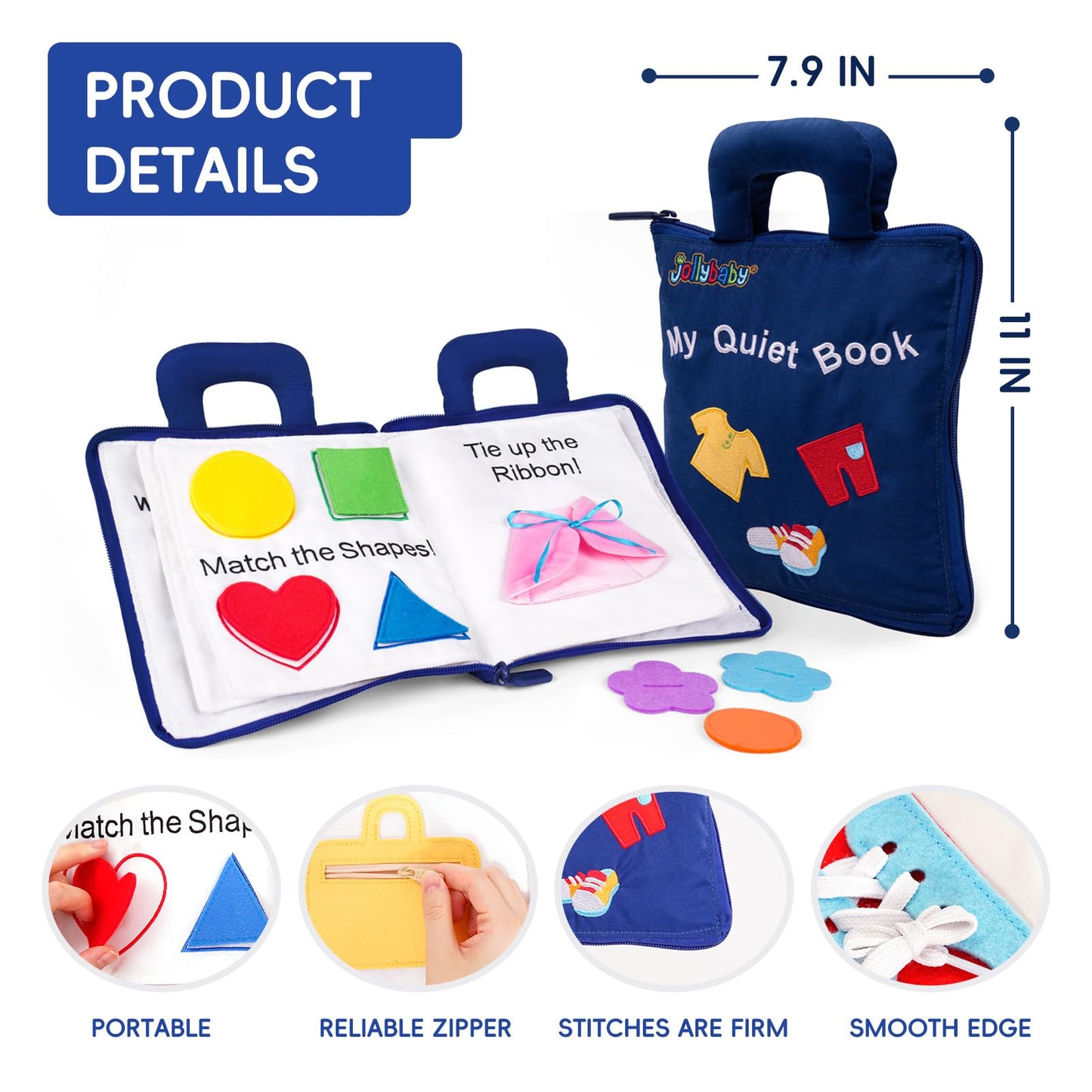 Jollybaby 10 Page Baby Soft Busy Books -My Quiet Book, Travel Toy & Montessori Sensory Educational, Preschool Learning Activities Toy for 1 2 3 Year Old Toddlers Boy Girl(Blue)
