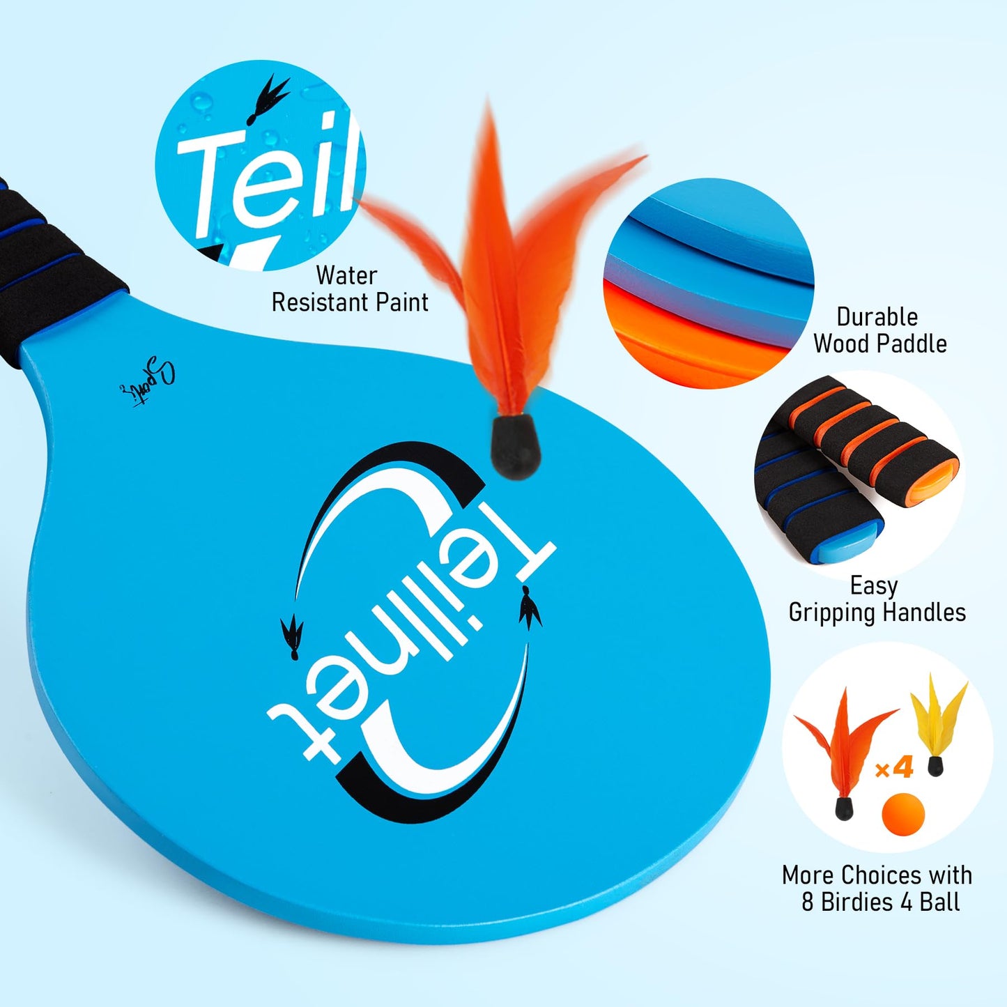 TEILLNET Beach Paddle Ball Set, Family Games for Kids and Adults, Badminton Set with 4 Rackets, Indoor Outdoor Sports Toys Lawn Camping Backyards Yard Games Easter Basket Stuffers Gifts for Boys Girls