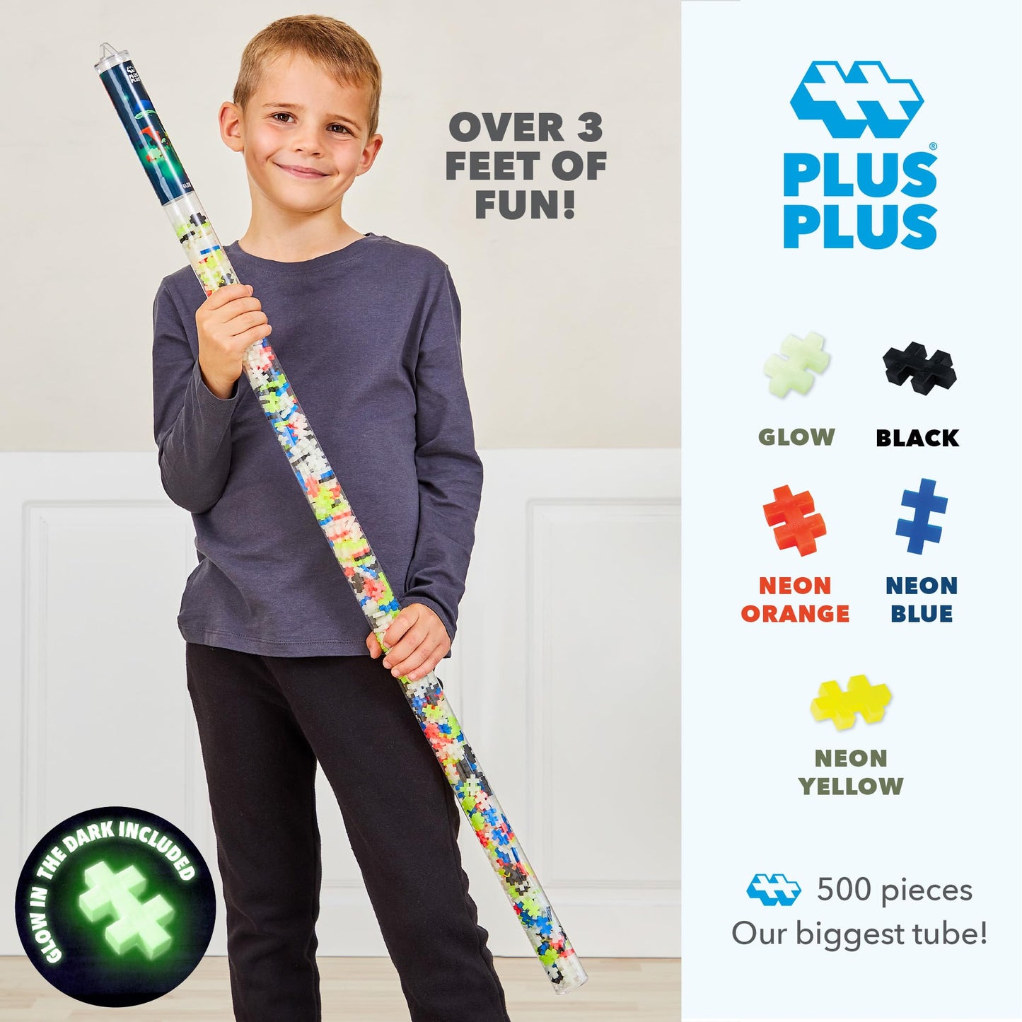 Plus-Plus: Super Tube - Glow-In-The Dark Mix -500 Pieces– Construction Building STEM Toy, Interlocking Mini Puzzle Blocks, Open Play Set, Kids Ages 5+