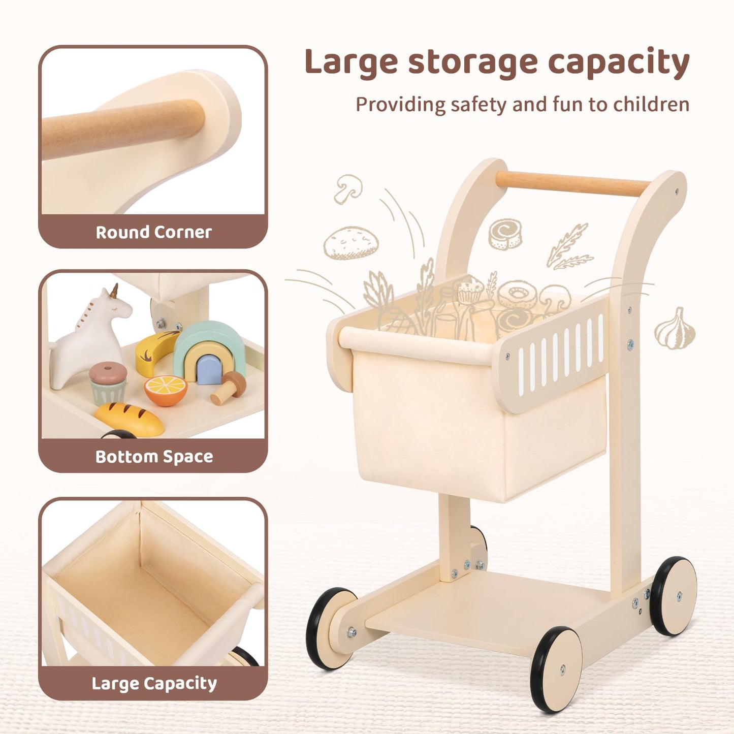 OOOK Baby Push Walker Doll Stroller, Wooden Baby Walker for Girls and Boys, Kids Shopping Cart for Toddlers, Kids Stand Learning Walker with 4 Wheels