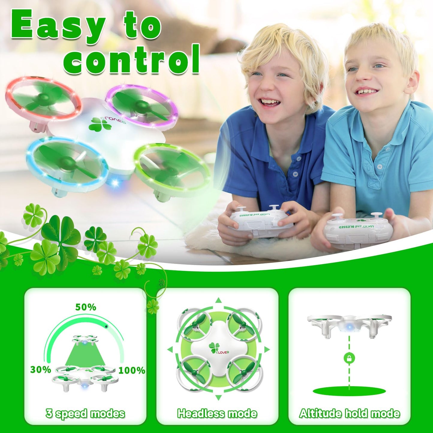 Clover Drone for Kids – Beginner-Friendly LED Quadcopter with Dual Modular Batteries, Easy to Fly, Altitude Hold, One-Key Takeoff, 360 Flips – Gift for Boys & Girls Age 6+