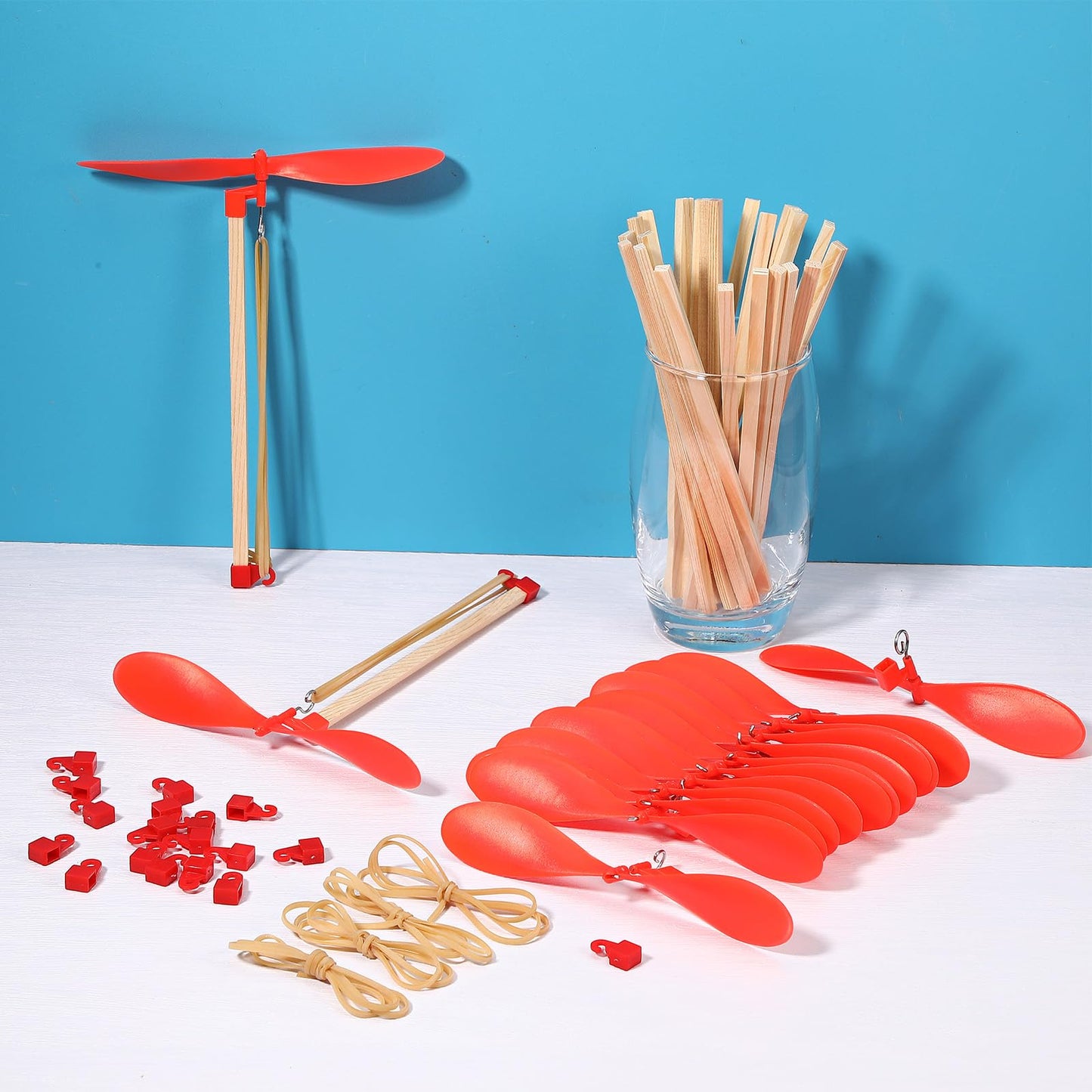 Leyndo 24 Set Helicopter Kit 6" Plastic Propeller for Stem Activities Propeller Blades with Rubber Band Wood Sticks for Airplanes and Helicopters from School and Research Institution (Red)