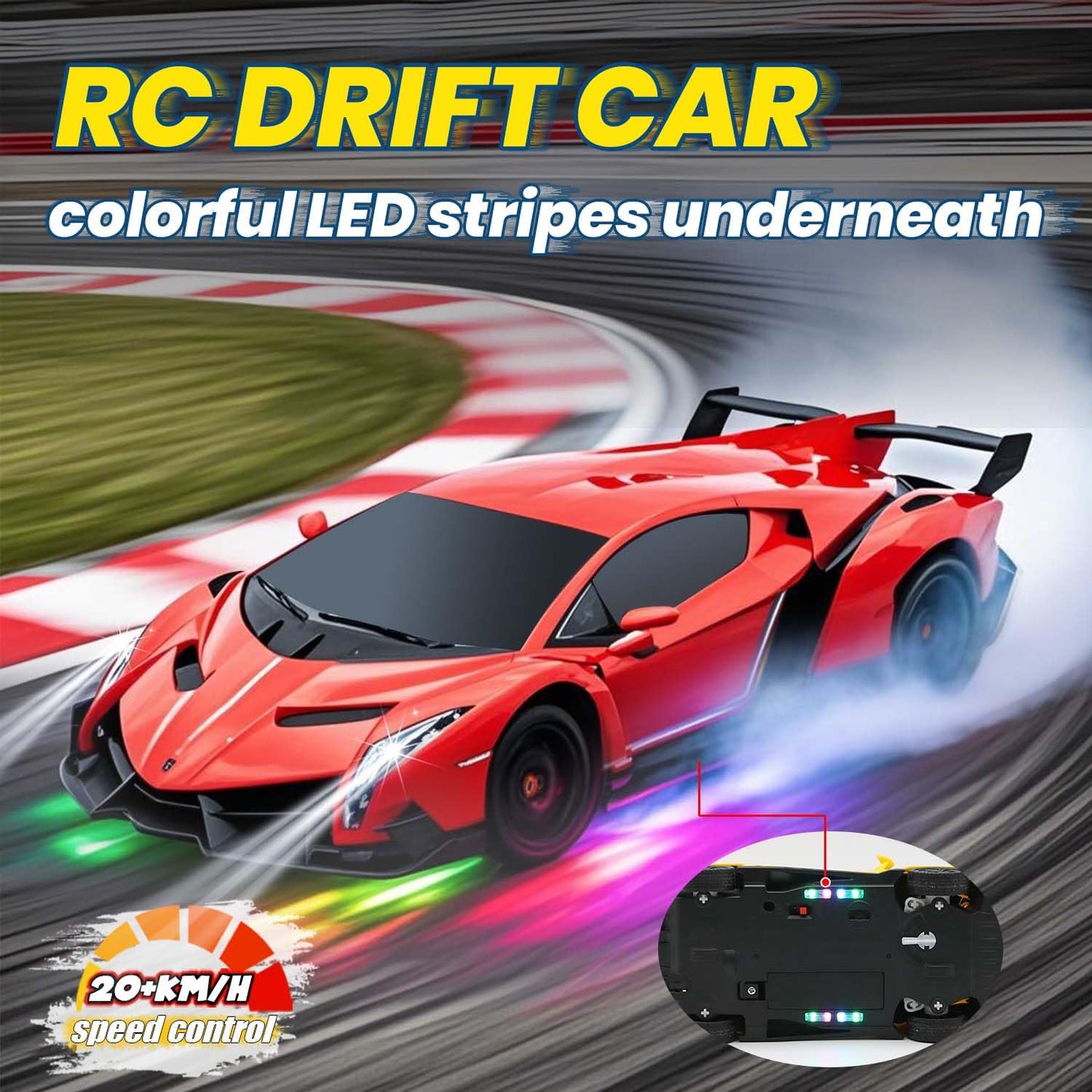 QUN XING Remote Control Car 1:24 Officially Licensed Lambo veneno RC Drift Car with LED Lights 2.4GHz 4WD 15KM/H Fast Speed Control Rechargeable Battery 800mah Birthday for Kids Boys 8-12，red