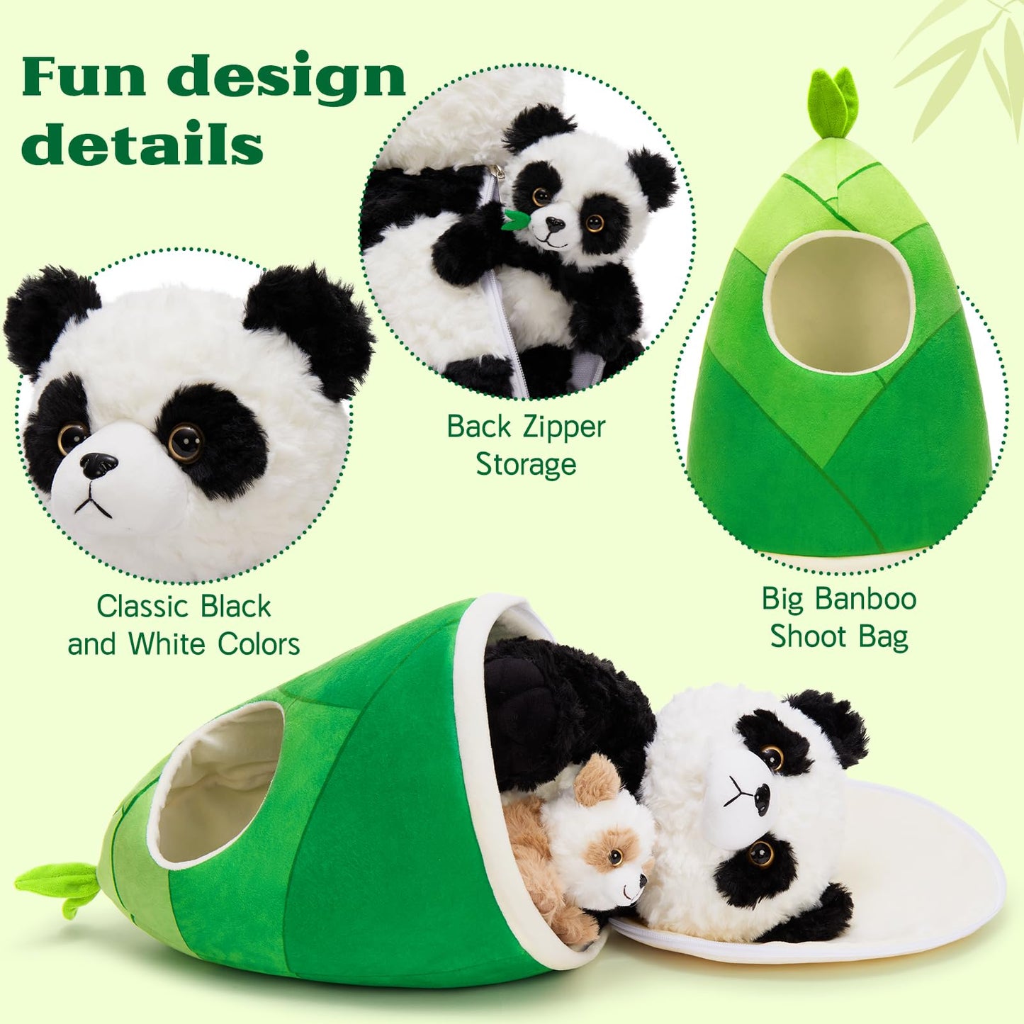 Tezituor 5-in-1 Panda Stuffed Animal Set with Bamboo Hut, Realistic Big Panda Plush Toy with 3 Babies, Birthday Gift Nursery Decor for Kids, Girls, Boys