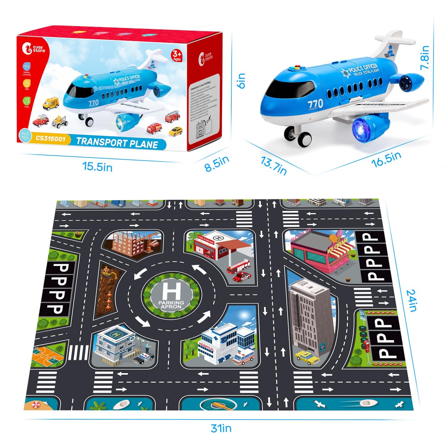CUTE STONE Toy Airplane with Lights & Sounds, Friction Powered Plane Toy with Mini Cars for Kids, Great Gift for Boys and Girls