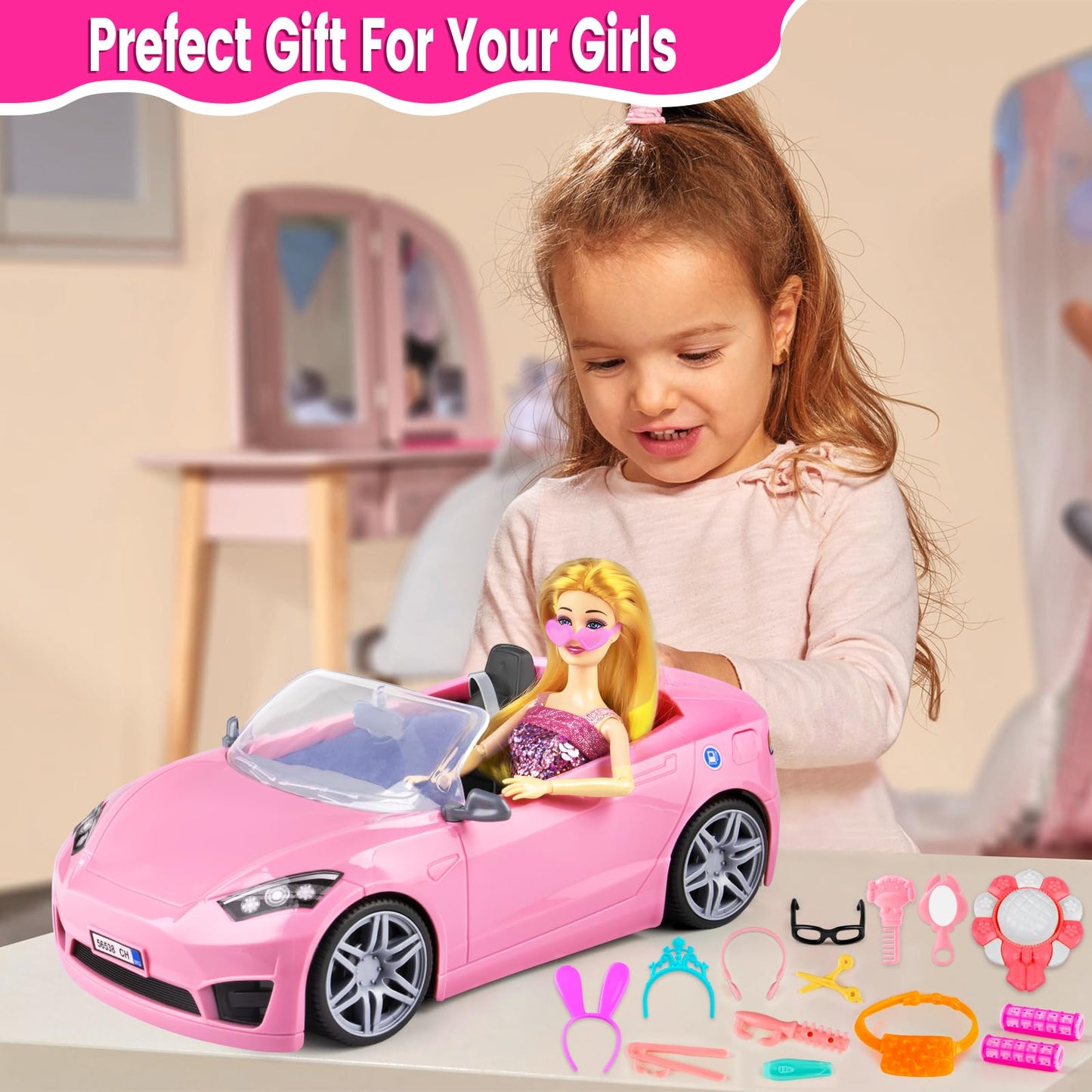 76 Pcs Doll & Convertible Car Playset,Included 11.5 in Dol-l,Car,Princess Dresses,Fashion Dresses,Casual Clothing,Swimsuits,Bags,Shoes,Doll Playset,Doll Dress up Toys for Girls Kids Toddlers Gifts