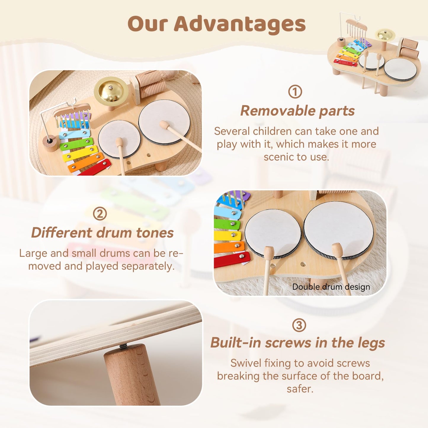 Promise Babe Wooden Drum Set for Toddlers 1-3, Musical Percussion Instruments for Kids Baby Drum Set Xylophone, Montessori Educational Musical Toys for Girls Boys Ages 3+