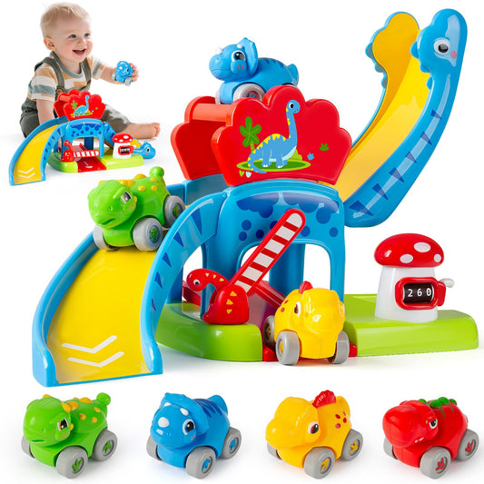 Dinosaur Car Ramp Toy for Toddlers 1-3, Drop & Go Ramp Racer with 4 Mini Cars, Educational Toy for 1 2 Year Old Boys Girls, First Birthday Gift