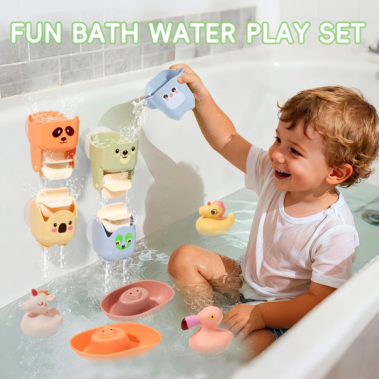 Mold Free Bath Toys, 15PCS | Safe Fun & Easy Clean Floating Boats & Rotating Waterfall Cups & Sealed with No Holes Floating Tub Toy and Mesh Bag for Babies 18+ Months | Bathtub Pool Water Toddler Toys