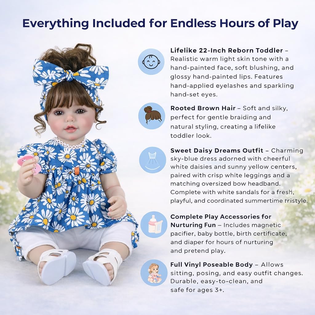 Sweet Daisy Dreams Reborn Toddler Doll – 22” Lifelike Poseable Doll with Rooted Brown Hair, Soft Full Vinyl Body & Daisy Outfit – Includes Pacifier, Bottle & Accessories – Ages 3+