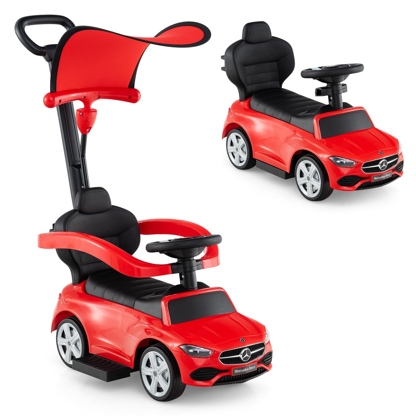 Licensed Mercedes Benz Push Car for Toddlers by INFANS, 3 in 1 Sliding Walking Car with Push Handle, Horn, Music, Underneath Storage, Foot-to-Floor Ride on Toys for Boys Girls, Red
