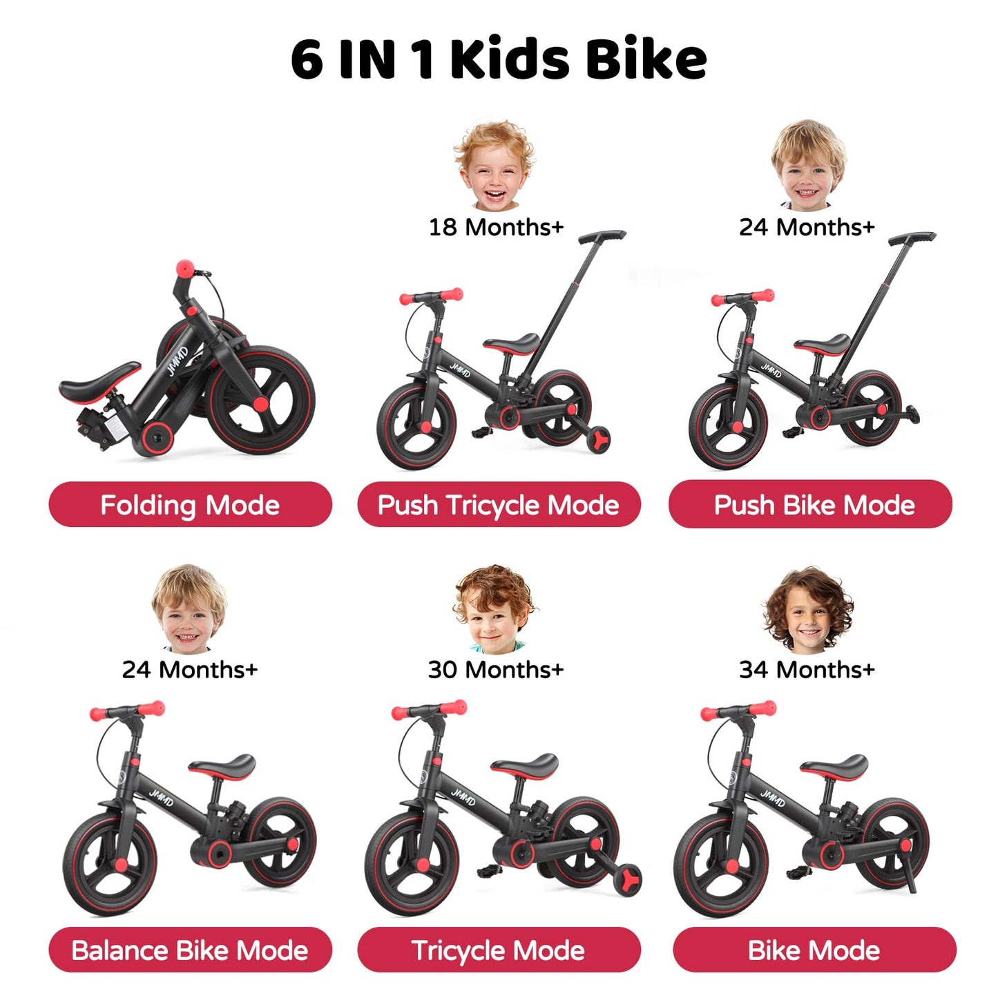 JMMD 6 in 1 Toddler Bike with Push Handle for Kids 18-60 Months, 12" Foldable Balance Bike with Training Wheels, Pedals, Brakes, Kickstand, Push Tricycle Toddler Gift & Toys for Boy & Girl