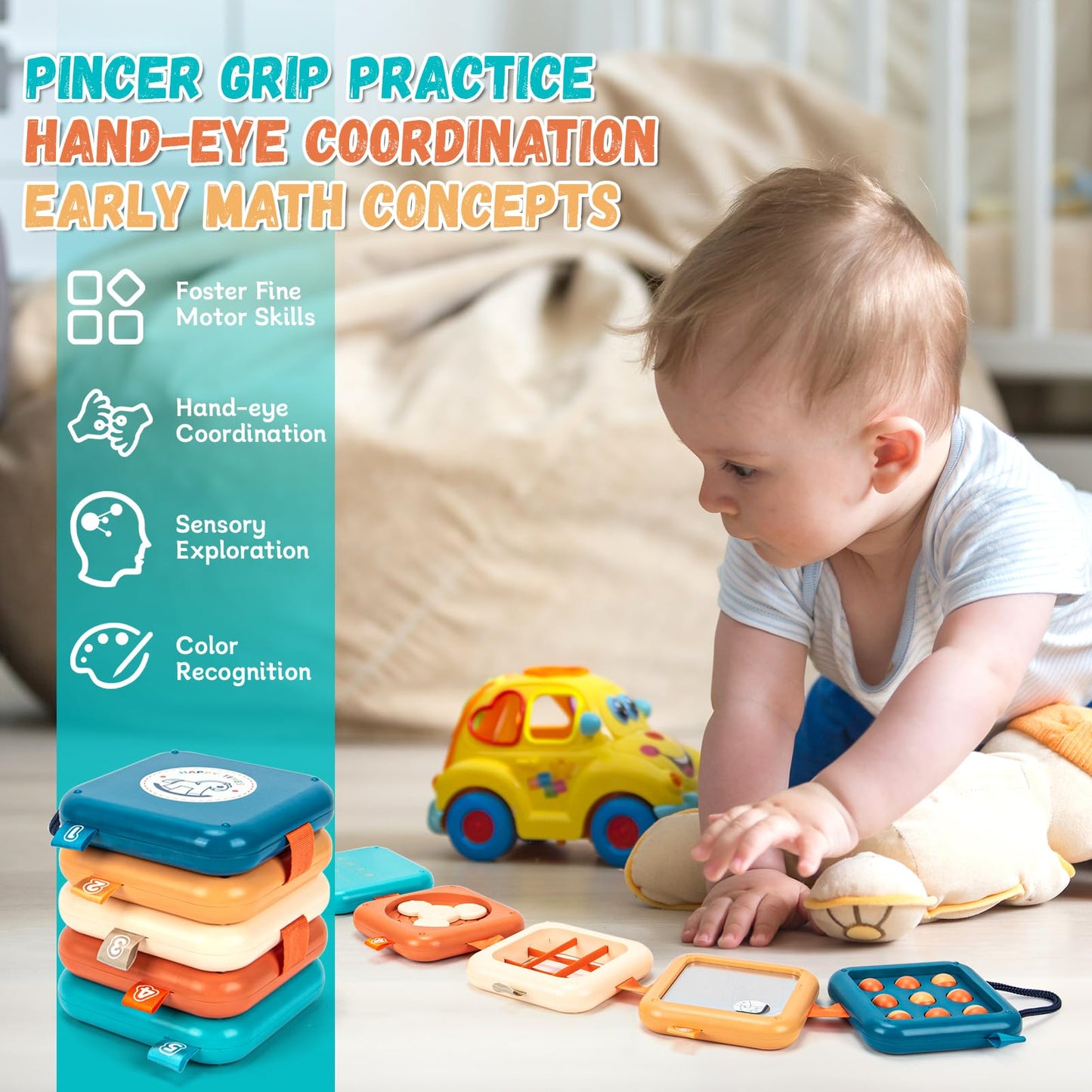 edusense Montessori Busy Board for Toddlers 1-3, Ultra-Light Travel Toys for Airplane & Car, BPA-Free, No Batteries, Easy-Clean Sensory Board, Fine Motor Skills Gift for 1 2 3 Year Old Boys Girls