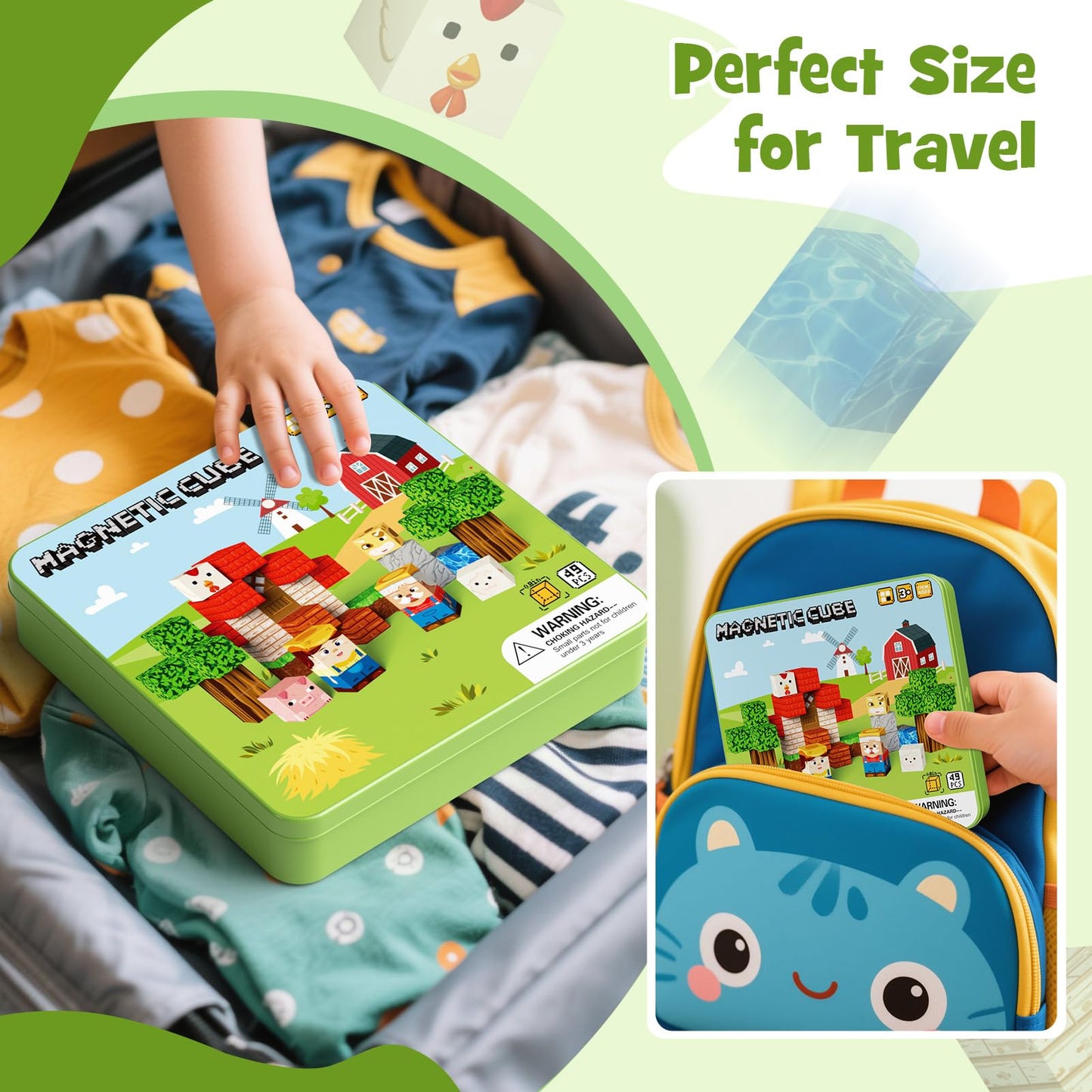 49 Pcs Farm Animals Magnetic Building Blocks Set for Toddlers 3-5, Travel Toys with Iron Storage Box, Magnetic Tiles & Cubes for Kids Ages 4-8, STEM Learning, Portable Play Base for Car Plane Trips