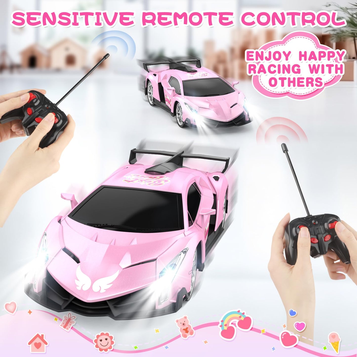 Growsland Remote Control Car for Girls, 1:18 Pink RC Cars Toys for Kids Girl Electric Vehicle Toy Car Hobby Racing Car with Lights & Controller, Birthday Gifts for Girl Boys Age 3 4 5 6 7 8 9 Year Old