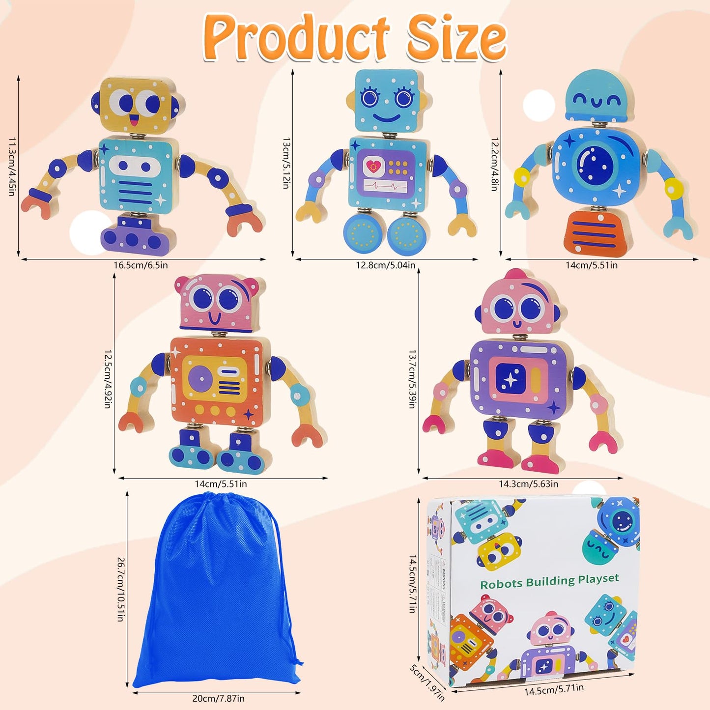 Robots Wooden Snap-Together Building Toys – 28-Piece STEM Montessori Educational Blocks for Toddlers Ages 3–6 | Fine Motor Skills Development | Safe, Durable, Creative Robot Toys Gift for Kids