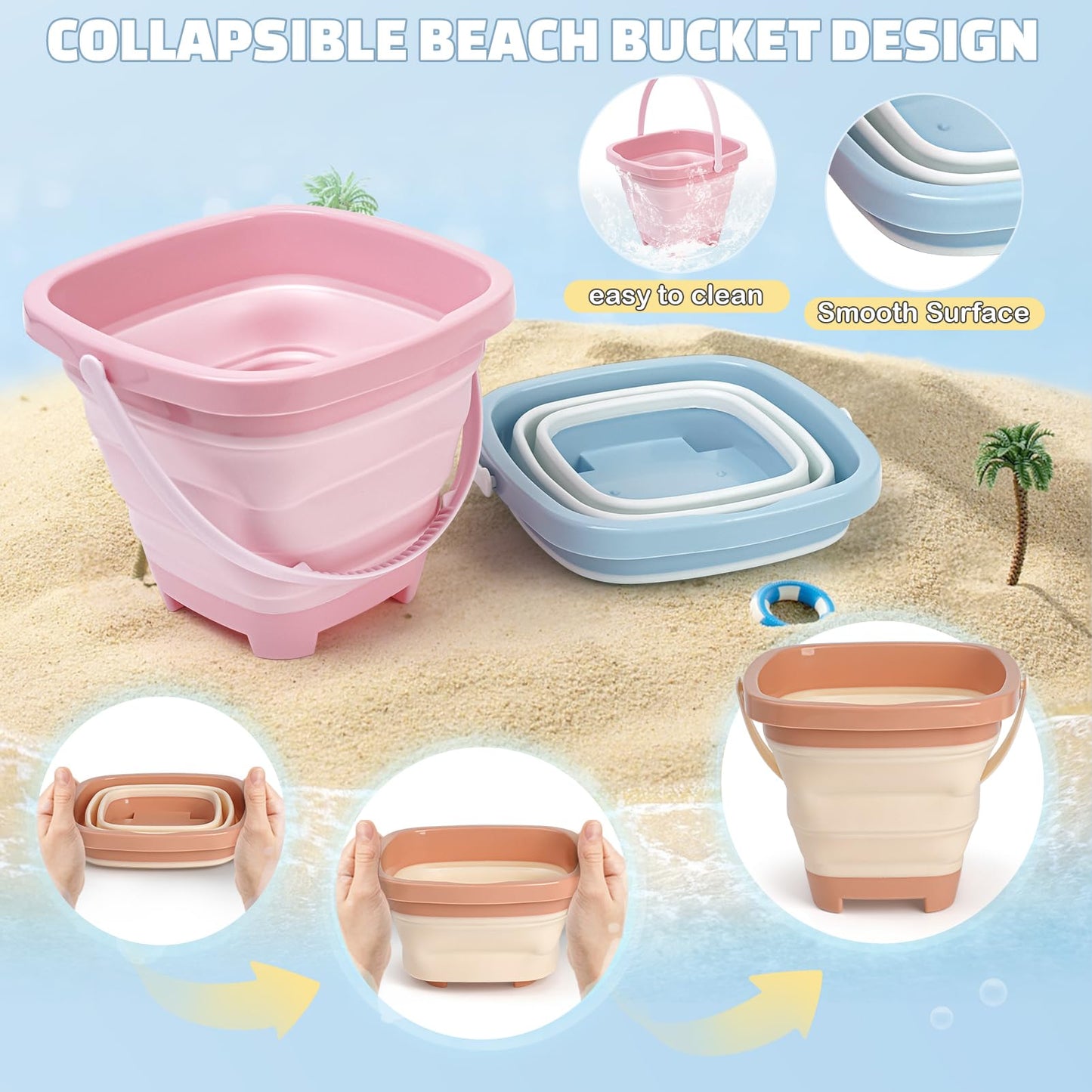 Dreamon Beach Toys Set for Kids 3-10, Collapsible Sand Buckets with Beach Molds and Mesh Bag, 3 Pack Shovels Set Sand Toys for Beach, Sandbox Travel Toys for Toddlers Kids
