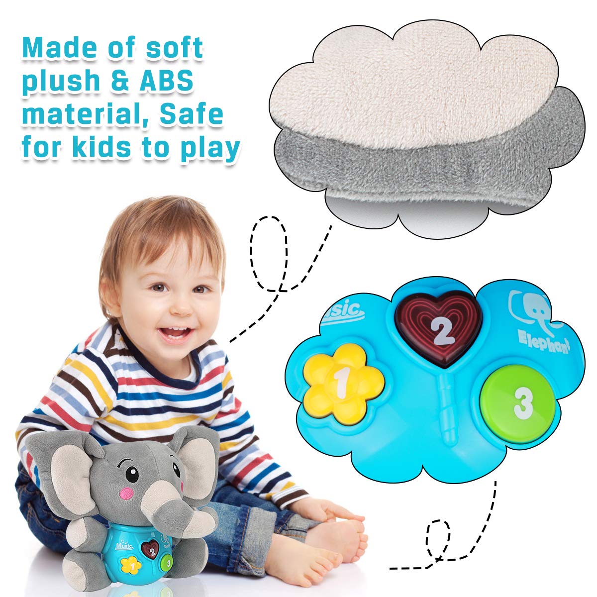 Aitbay Plush Elephant Music Baby Toys 0 to 6 Months, Cute Stuffed Animal Light Up Baby Toys Newborn Baby Musical Toys for Infant Babies Boys & Girls Toddlers 6 to 12 Months