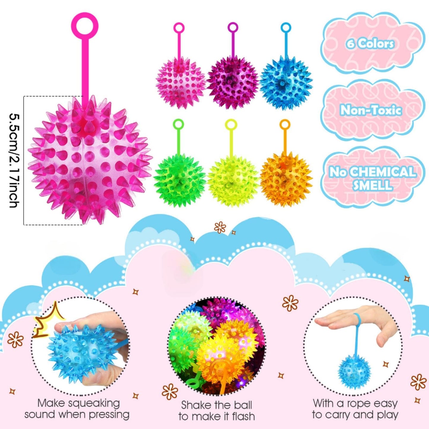 Sotiff 27 Pcs Light up Ball Spiky LED Bouncy Ball Flashing Squeaky Multicolor Puffer Toy Rubber Sensory Toy Carnival Prizes Bulk Party Favors for Teens, Adults, Children