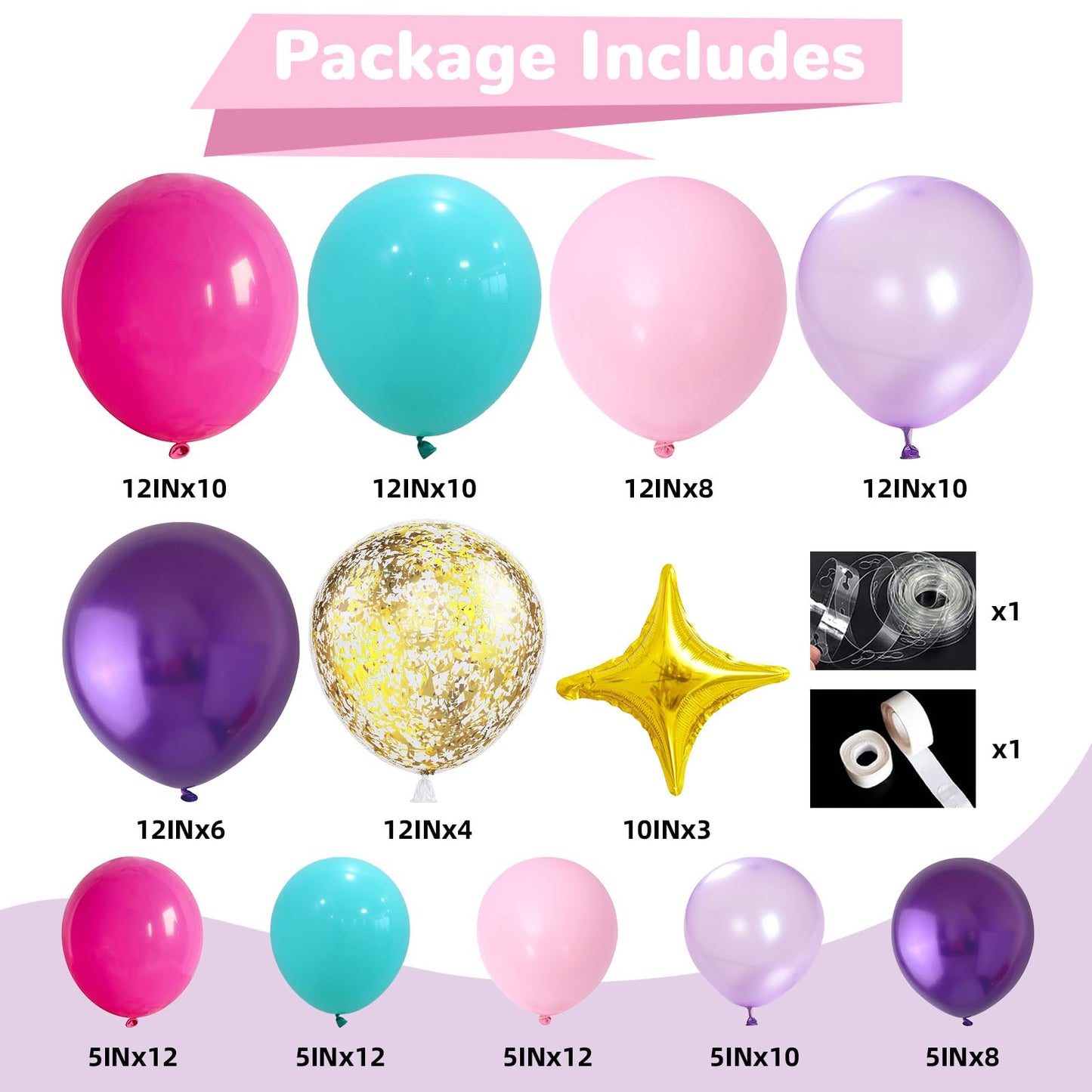 HILAVO Pink Purple Blue Balloon Arch Kit Teal Hot Pink Metallic Purple Party Latex Balloon Garland with Confetti and Star Foil Balloons for Girls Princess Birthday Baby Shower Neon Party Decorations